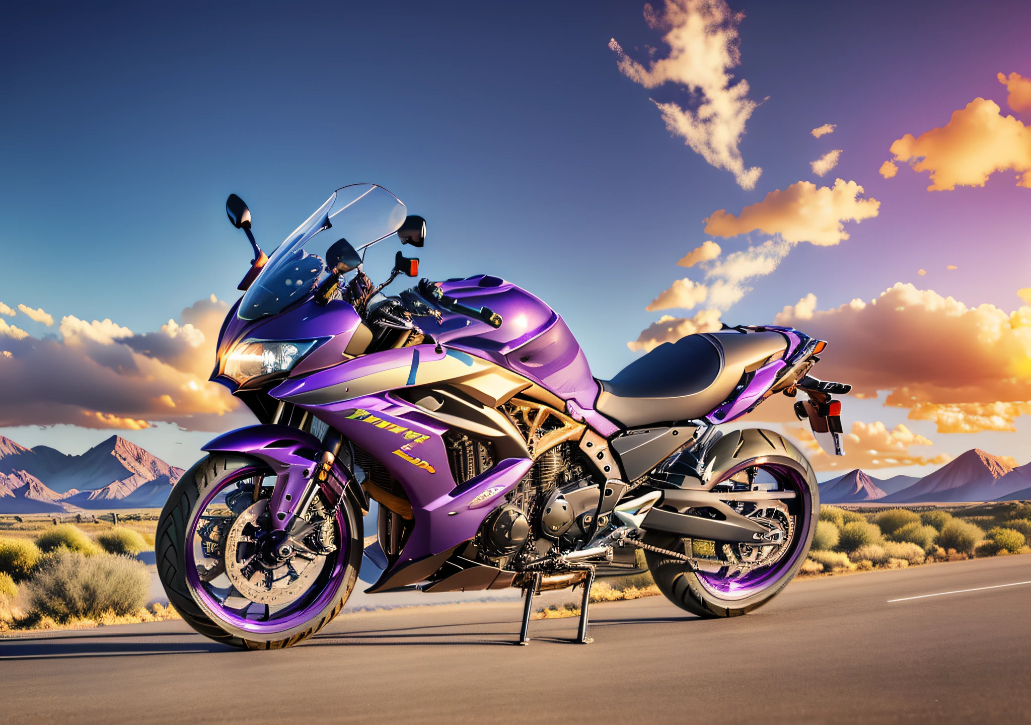 A motorcycle 600 displacement with purple color with large futuristic style exhaust, United States road image background, sky with orange clouds, sunlight effect, surrounded by mountains, super detailed, HDR effect, 64K, refined artwork