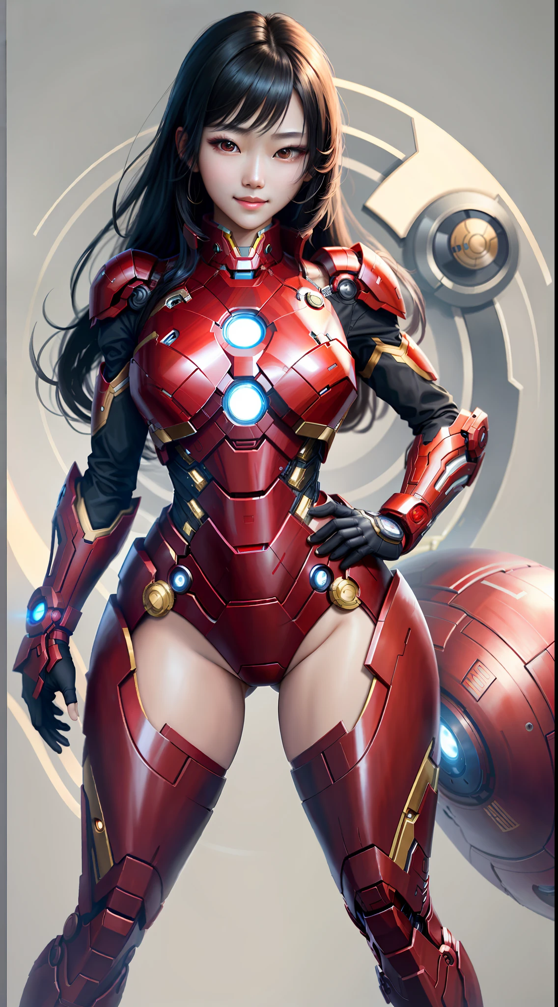 masterpiece, maximum quality, ultra high resolution, 8k, korean girl (extremely beautiful), black hair, full body, very thin, detailed face, detailed eyes, mischievous smile, wide hips, thick thighs, smooth and soft pellet, with Iron Man clothes