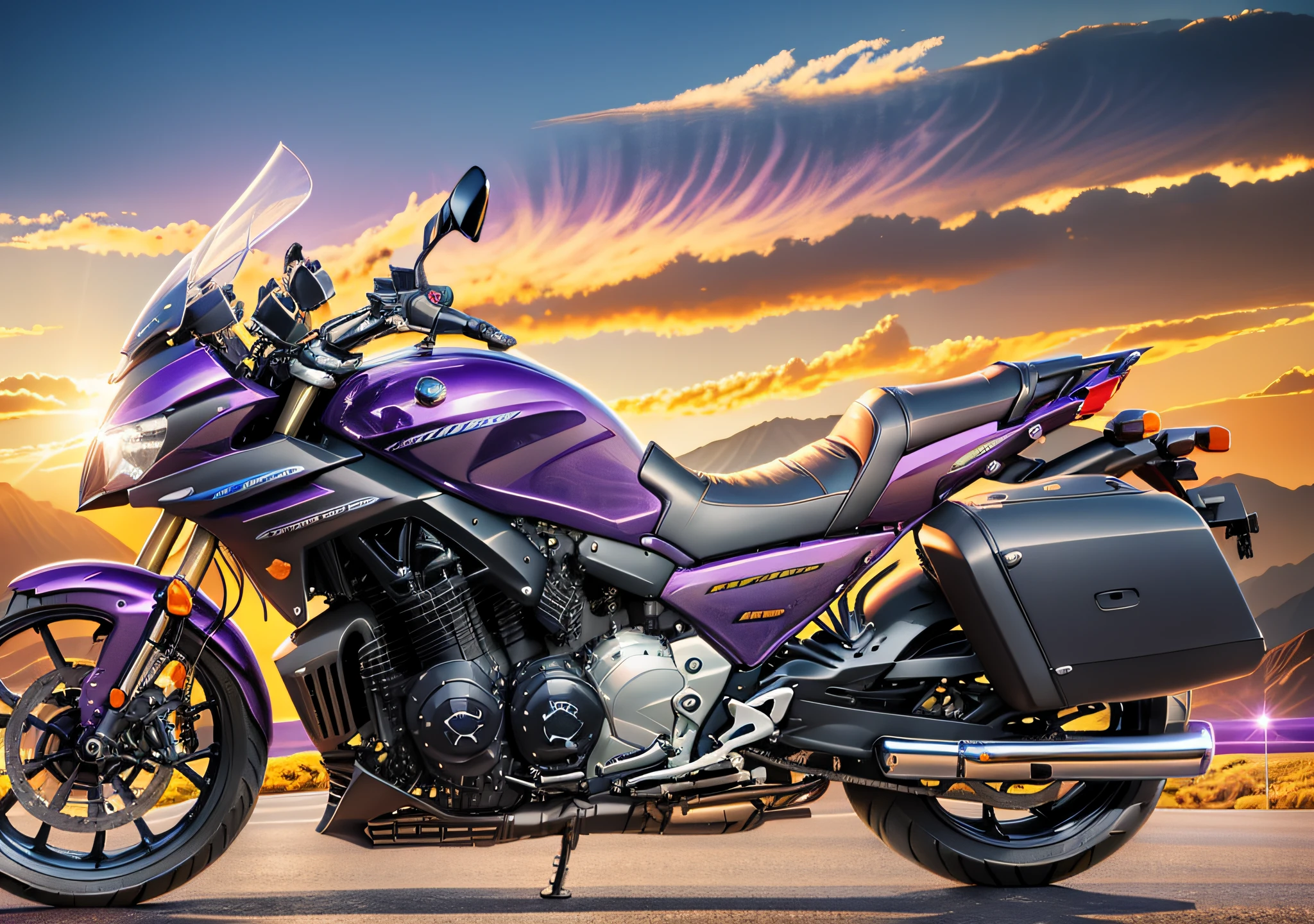 A motorcycle 600 displacement with purple color with large futuristic style exhaust, United States road image background, sky with orange clouds, sunlight effect, surrounded by mountains, super detailed, HDR effect, 64K, refined artwork