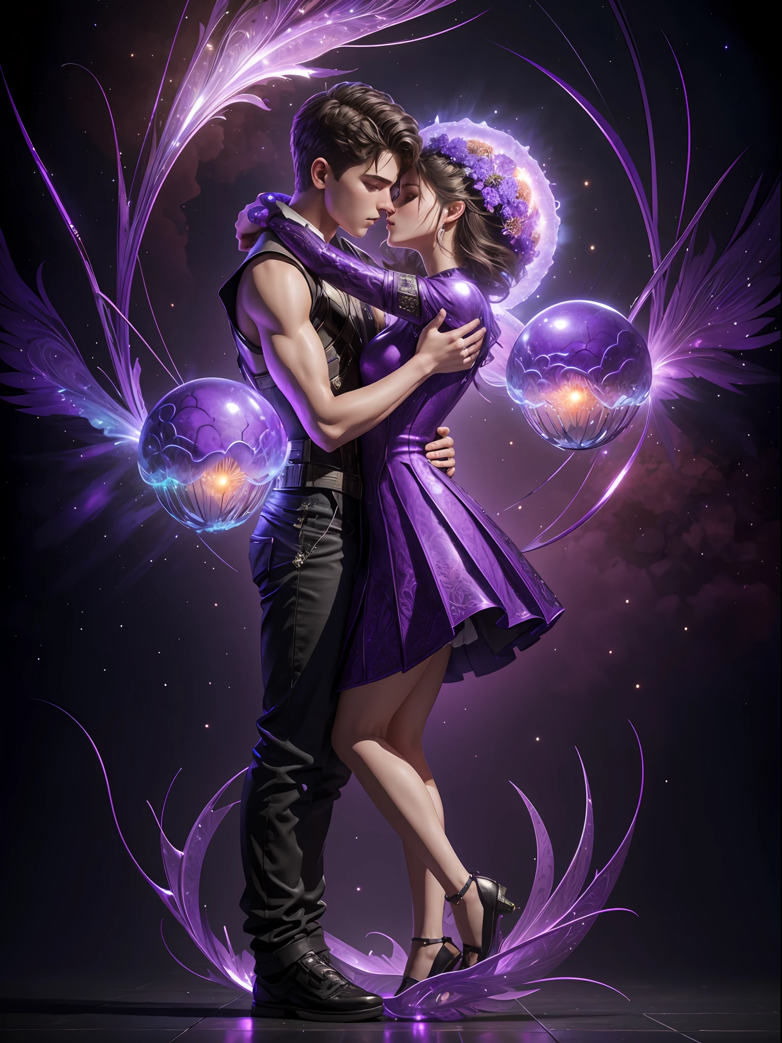 Incredible and spectacular scenes, ((high quality)), ((detailed)), ((fantasy)), "purple plasma brain, purple plasma body, realistic, best quality, 4K, flowers trapped in blisters at the top realistic, (handsome teenager and beautiful girl hugging and kissing), full body portrait", image quality (3D rendering effect) , exquisite details,