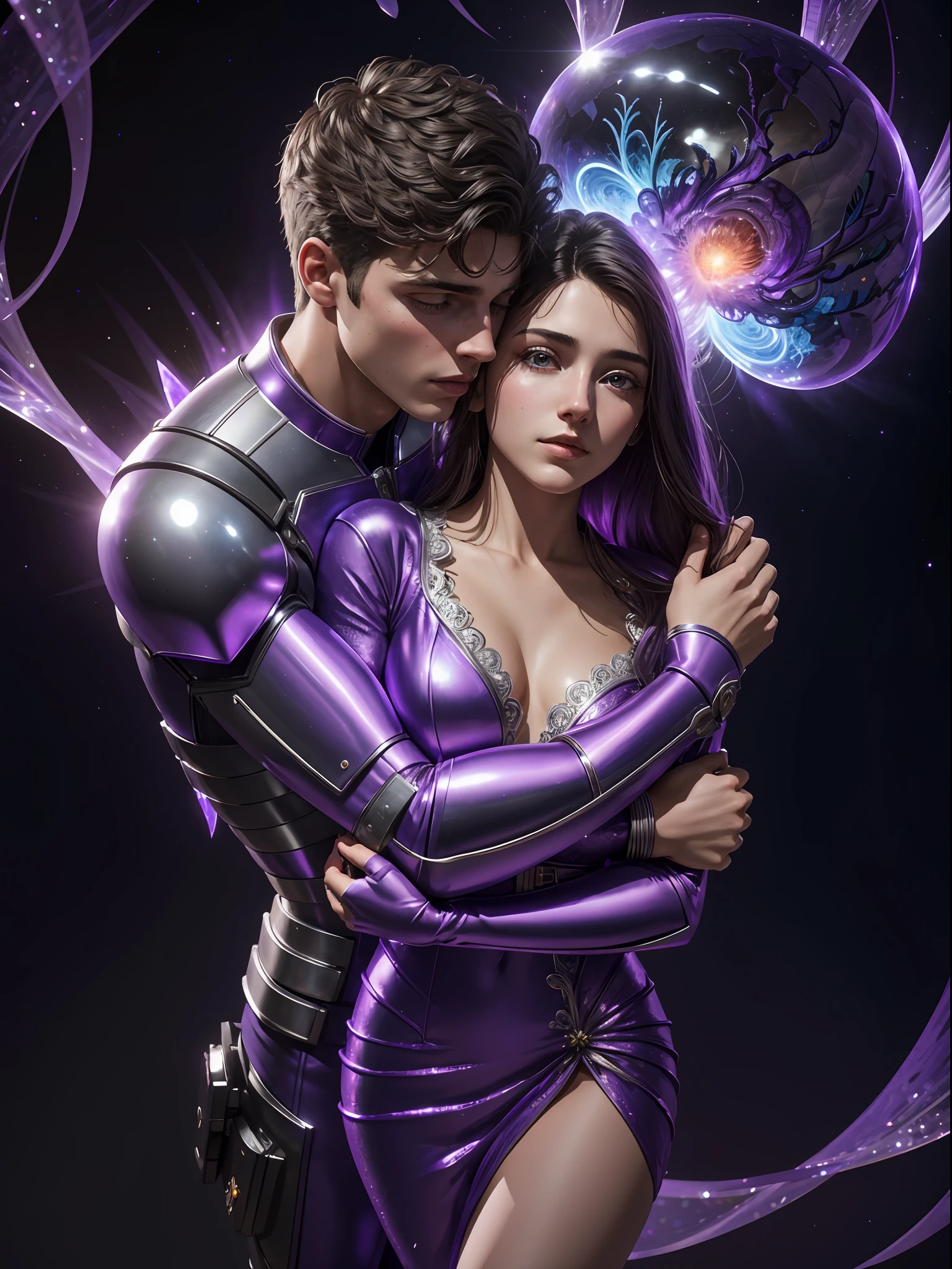 Incredible and spectacular scenes, ((high quality)), ((detailed)), ((fantasy)), "purple plasma brain, purple plasma body, realistic, best quality, 4K, flowers trapped in blisters at the top realistic, (handsome ager and beautiful girl hugging and kissing), full body portrait", image quality (3D rendering effect) , exquisite details,