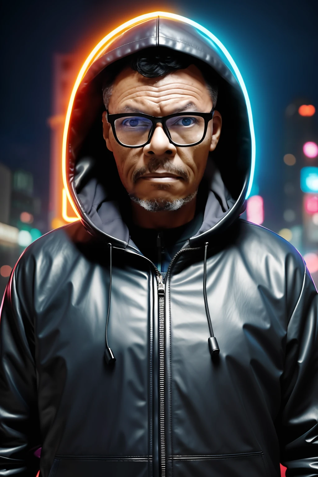 guttonerdvision5, a 90-year-old wearing glasses, detailed skin and face, half body, with hooded leather clothing, cyberpunk style, neon, colored lights, ultra realistic rainy cyberpunk city scenery, realistic character,