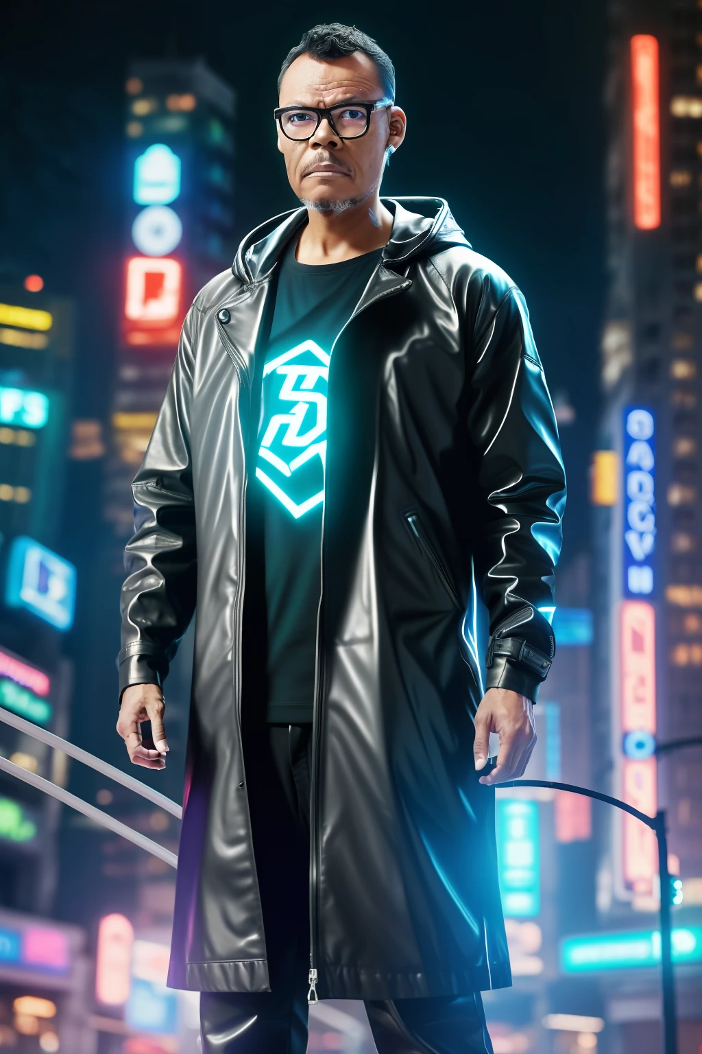 guttonerdvision5, a 90-year-old wearing glasses, detailed skin and face, half body, with hooded leather clothing, cyberpunk style, neon, colored lights, ultra realistic rainy cyberpunk city scenery, realistic character,
