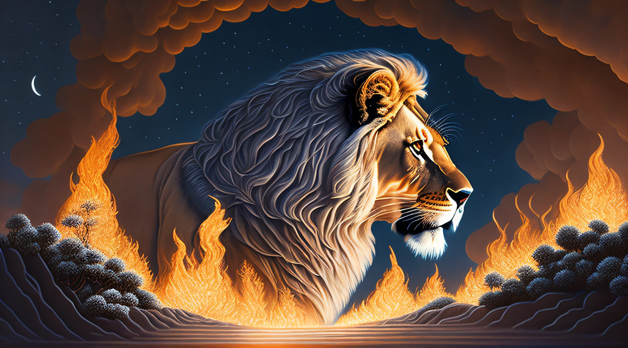 masterpiece, best quality, lion, ((lion's head)), lion's mane on fire, lion's body, burning bush, universe and wormhole background (extremely detailed CG Unity 8k wallpaper), professional majestic oil painting by Ed Blinky, Athea Gailan, Studio Ghibli, Jeremy Mann, Greg Mancheza, Antonio Moro, popular in ArtStation, popular in CGSociety, Intricate, High Detail, Sharp Focus, Dramatic and Photorealistic Painting by Midjourney and Greg Rutkowski