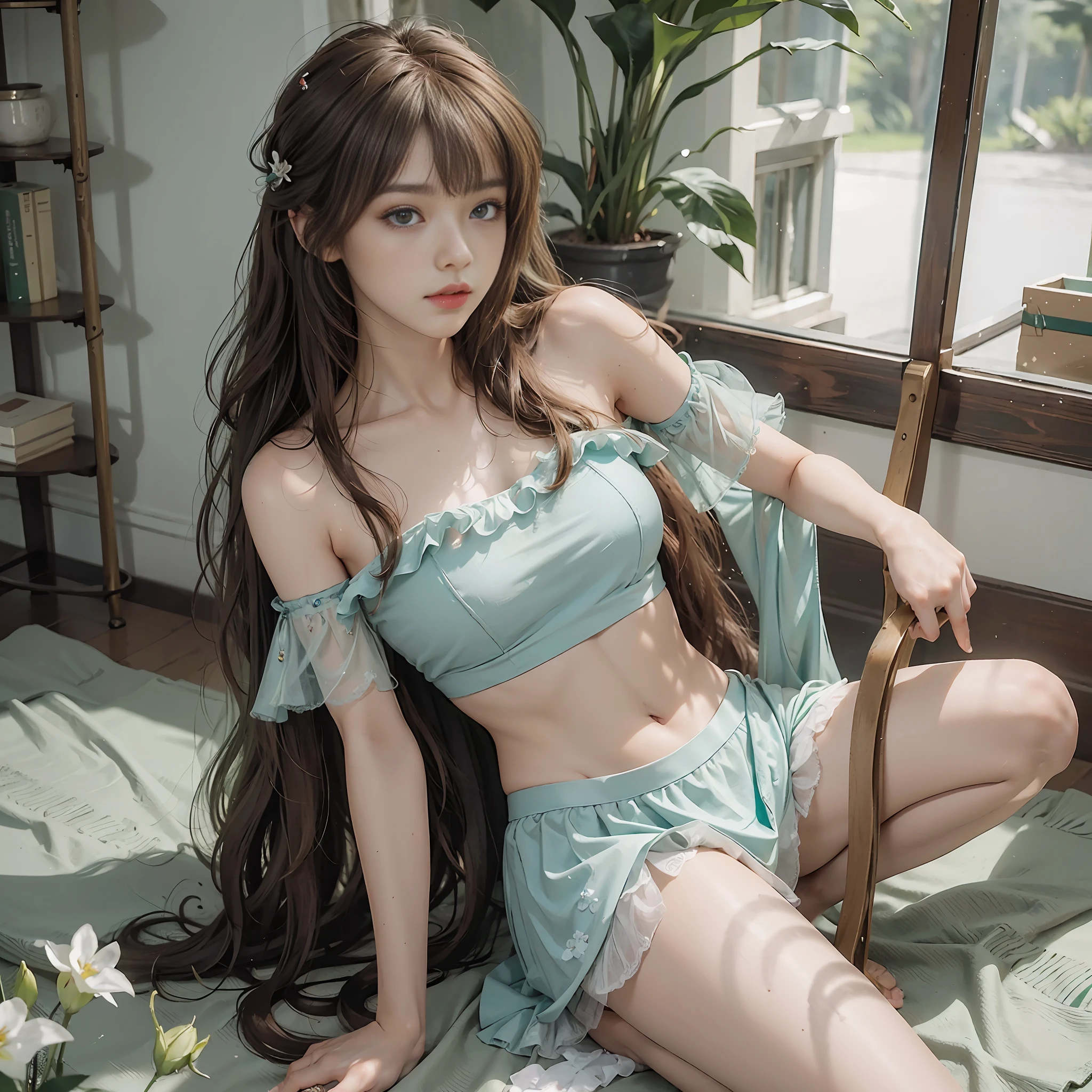 (absurd, high resolution, super detailed), full body photo, full body 1woman, mature female, wavy long hair, russet hair, bangs, delicate eyes and delicate face, extremely detailed, bare shoulders, bare legs, bare navel, enchanting pose, nude, tattered, turquoise emerald cigarette shirt, loose flowers and mist green grass pleated skirt, wearing emerald water tulle, shoulders cut into waist Ruoyaosu, muscles like condensed qi like orchids. Coquettish and boneless.