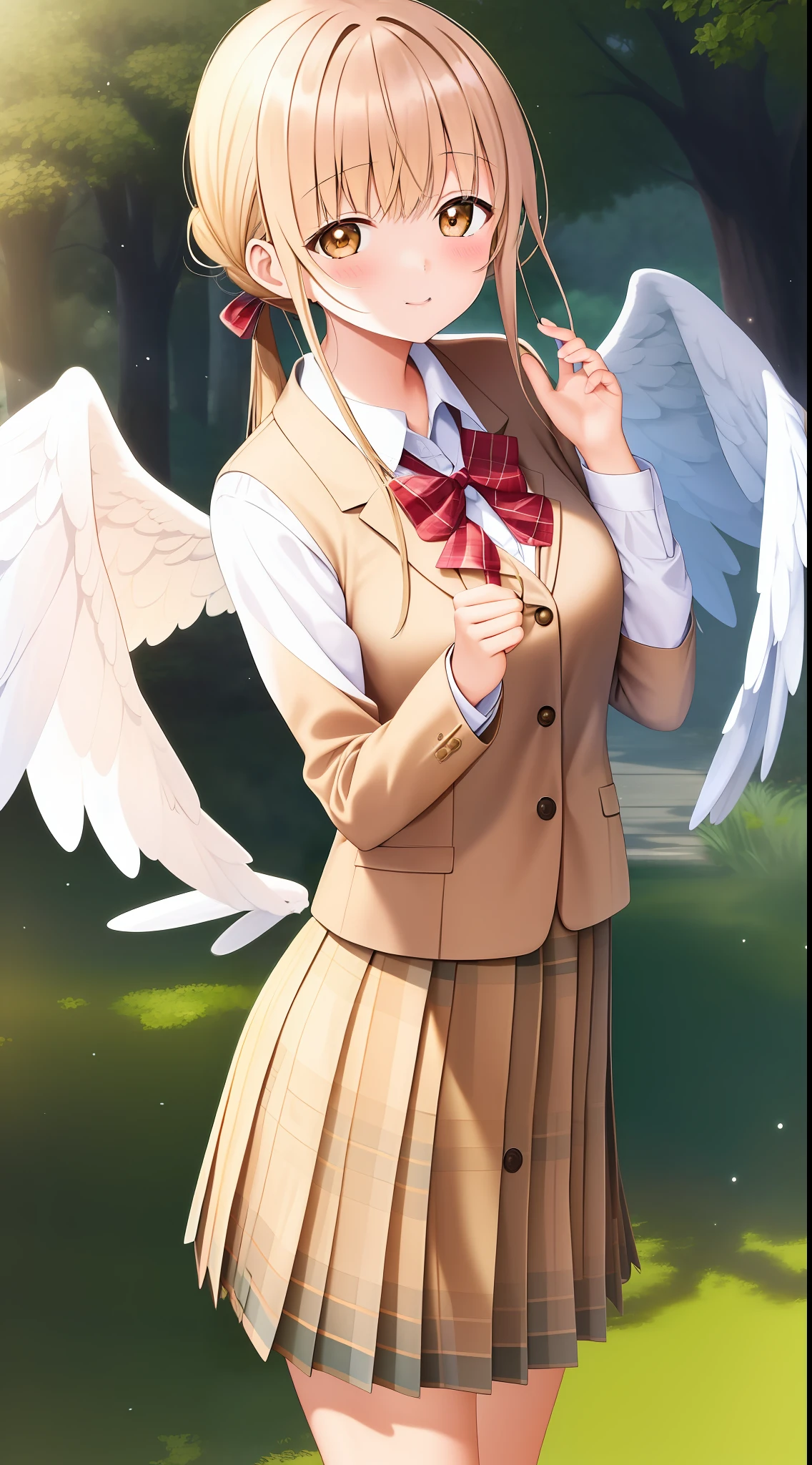 masterpiece, 1girl, Mahiru Shiina, school uniform, standing, looking at the viewer, with 2 angel wings, forest background