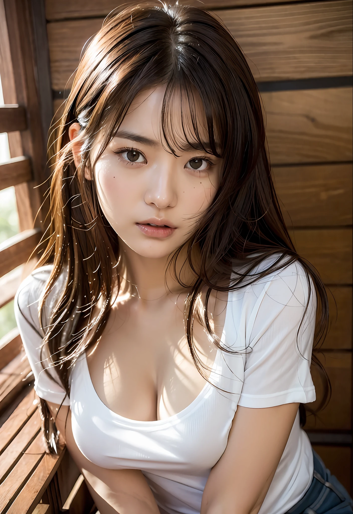 ((top quality, 8k, masterpiece: 1.3)), women (loose T-shirt, full body portrait, slouch: 1.3, big breasts, inside_sauna: 1.3), indoors, background is dark brown wooden wallpaper, drenched body, overhead camera, sharp focus: 1.2, cute women: 1.4, ((brown hair, floating hair, Novafrog style)), Highly detailed face and skin and hair texture, wet texture hair, glossy skin, detailed eyes, double eyelids, beautiful delicate nose, cute young Japan woman, 27 years old, with dynamic angles, featuring a sensual emotion featuring a contrasting mix of muted tones and light and shadow, while emphasizing the subject's hair, eyes, mouth and action, it is a composition pleasing to the eye and suggestive.