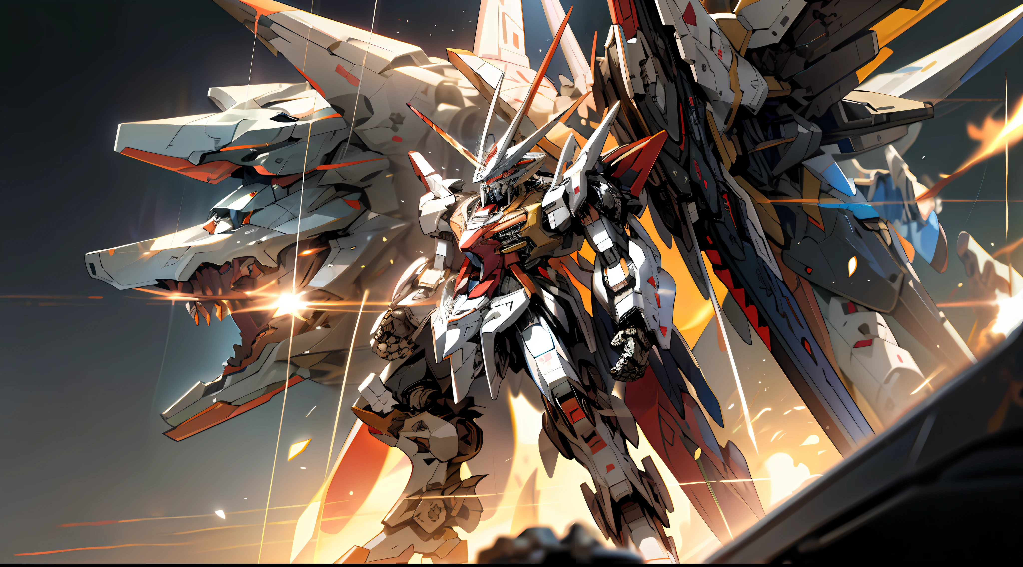 Surrealism, ray tracing, UHD, high details, 8k, best quality, textured skin, (1 Gundam mech), mecha dragon, masterpiece, best quality, mecha, unmanned, (full body), (white mech: 1.5), (axisymmetry: 1.4), (HDR), (movie light: 1.1), white eyes, cool, science fiction, fire, laser cannon beam, war, conflict, (a drogon mecha behind gundam mecha in background) , (holding huge weapons: 1.5), holding oversized shields, mecha men, vector