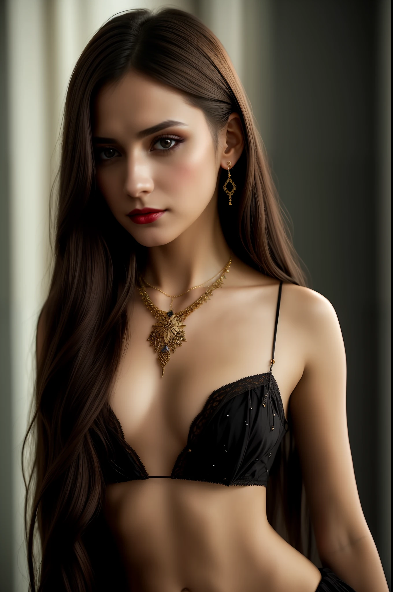 1girl, solo, jewelry, , necklace, cleavage, realistic, brown hair, brown eyes, looking at viewer , lips, makeup, long hair, upper body, lipstick, black hair,slate atmosphere, cinematic, dimmed colors, dark shot, muted colors, film grainy, lut, insane details, intricate details,