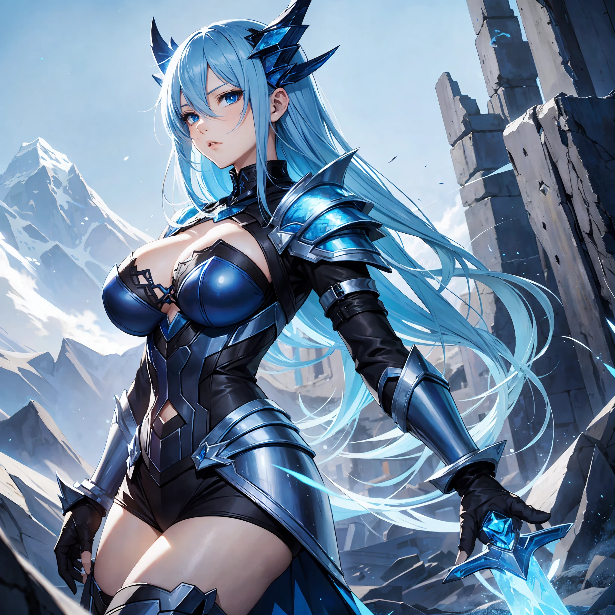 Closet up sexy and seductive Icelandic woman with blue hair, large breasts set body wearing blue ice dragon armor with black sword with anime style ice element) (anime art style, high quality picture --auto --s2
