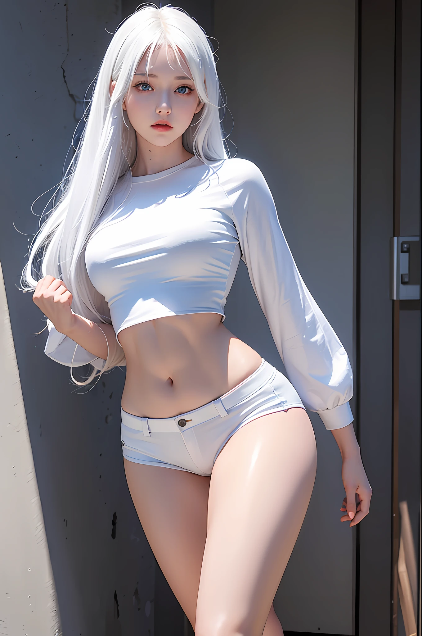 photorealistic, high resolution, 1 girl, white hair, korean, blue eyes, white shirt, skimpy tight black shorts, thick thighs