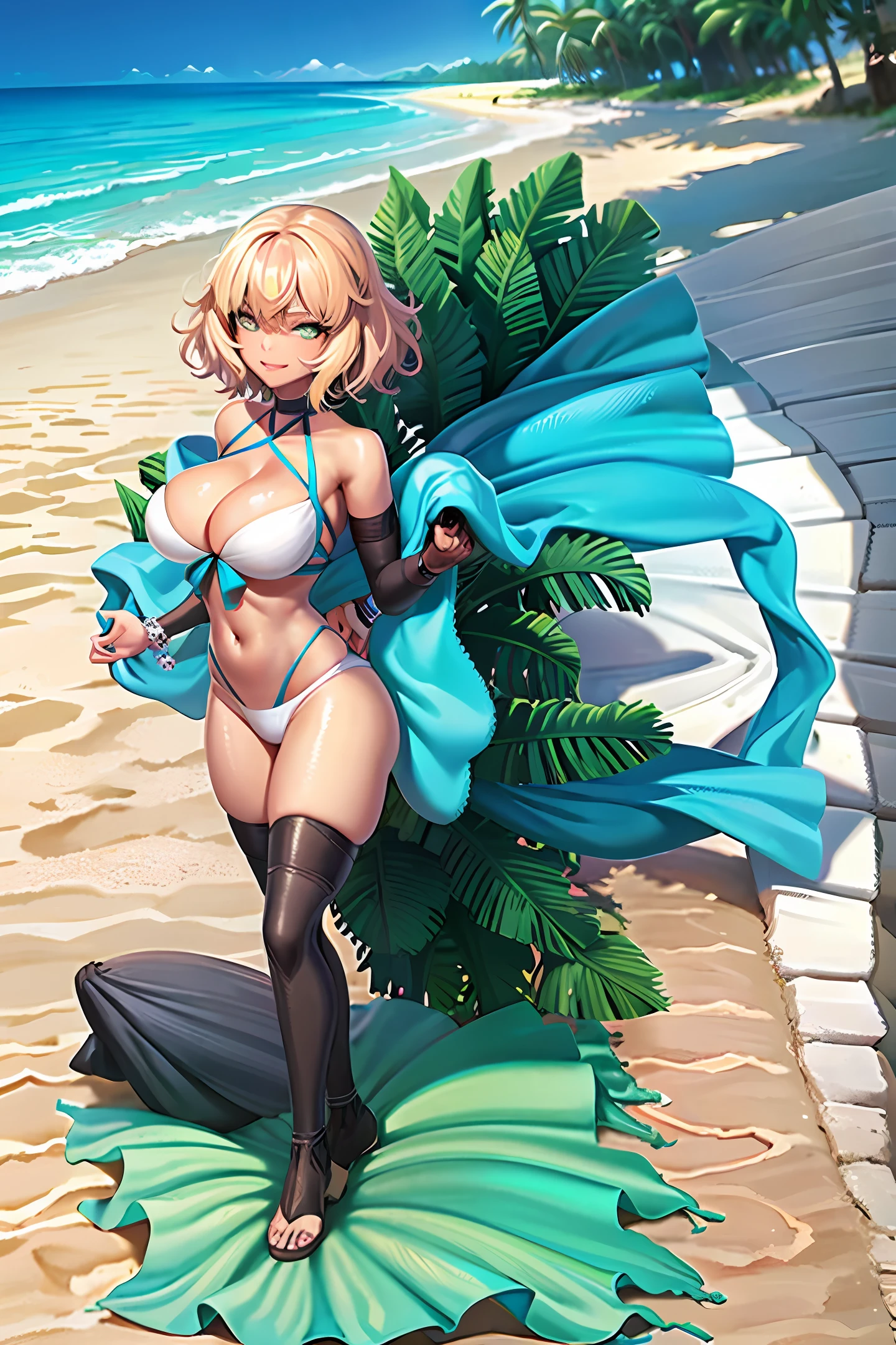 A Brazilian woman with dark skin is in a tropical environment on the edge of a paradisiacal beach. She is tall and slim, with blonde hair falling in curls to her shoulders. Her light green eyes shine under the sunlight as she wears white underwear and a short white shirt that showcases her slim silhouette and prominent large breasts. The radiant smile on her face conveys confidence and charm. The scenery is filled with lush palm trees, white sand, and a turquoise-blue sea, inviting her for a refreshing swim.