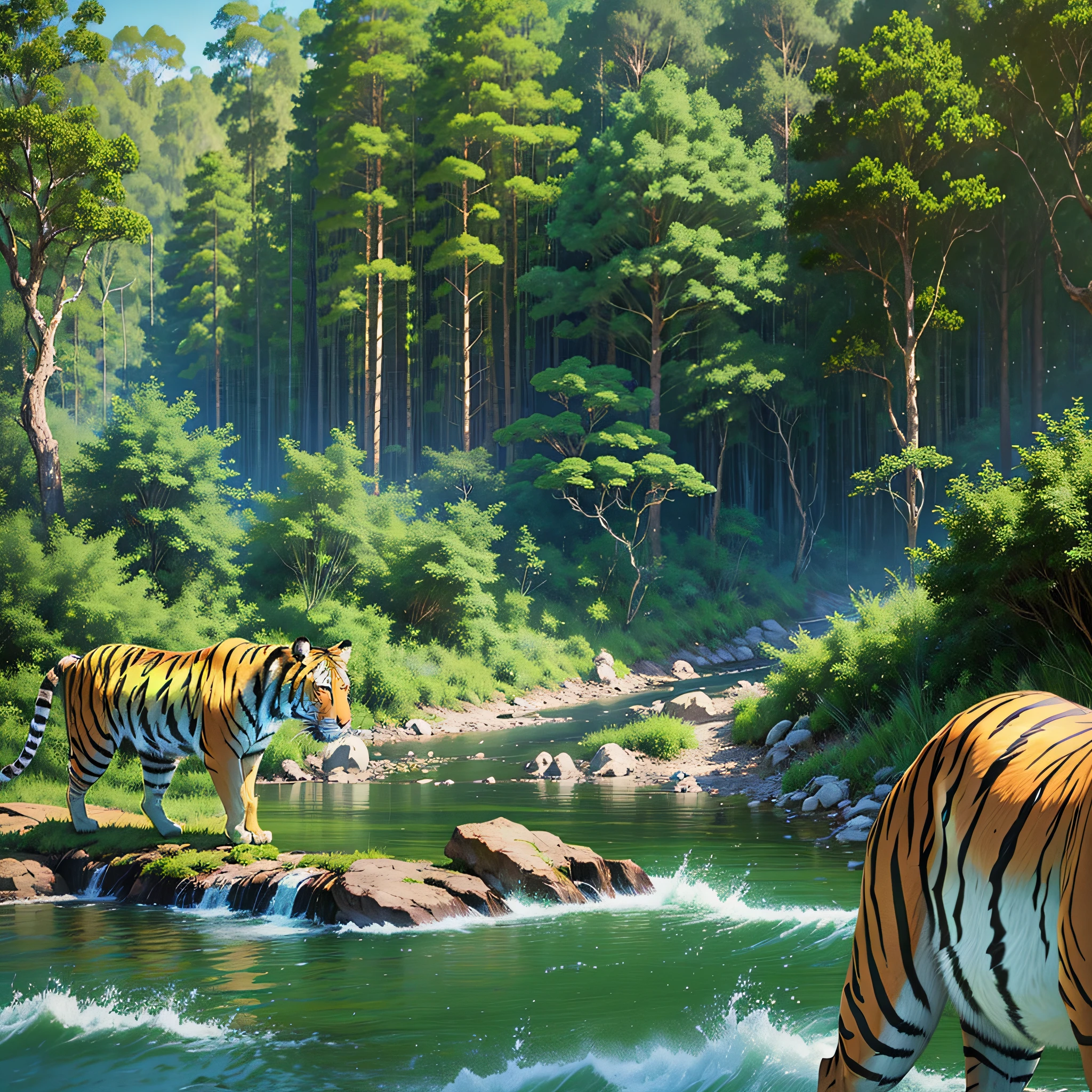 A forrest with tall and green trees surrounded by wild animals such as tigers and monkeys, complemented by a river and a blue sky --auto --s2