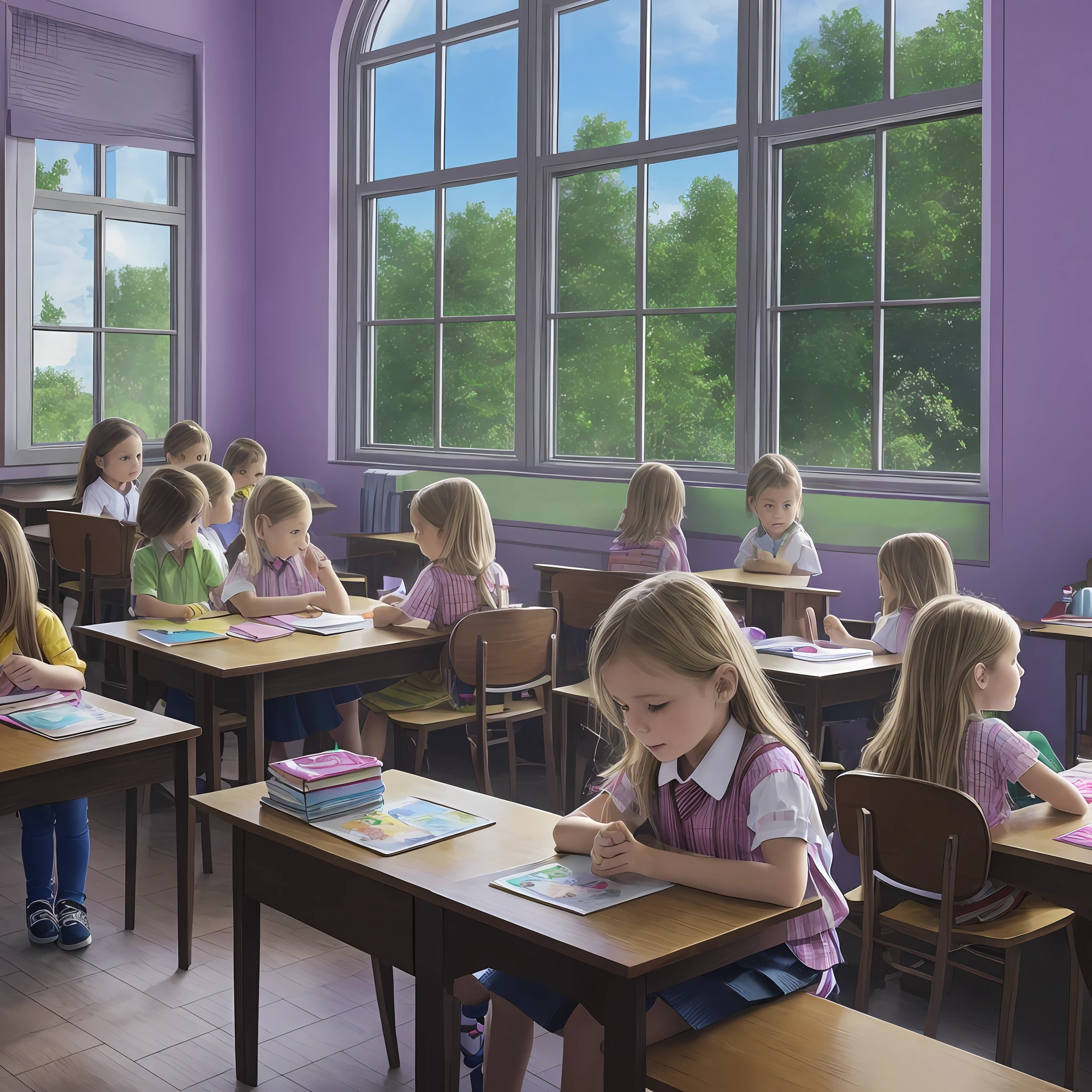 Watercolour. Detailed. A , blonde European, is in an old and beautiful classroom, she is wearing school uniform with backpack on the back and it is her first day of school. The room has large windows and illuminated by sunlight, the room has many children, boys and girls of the same age as her, light and shade, colorful --auto --s2