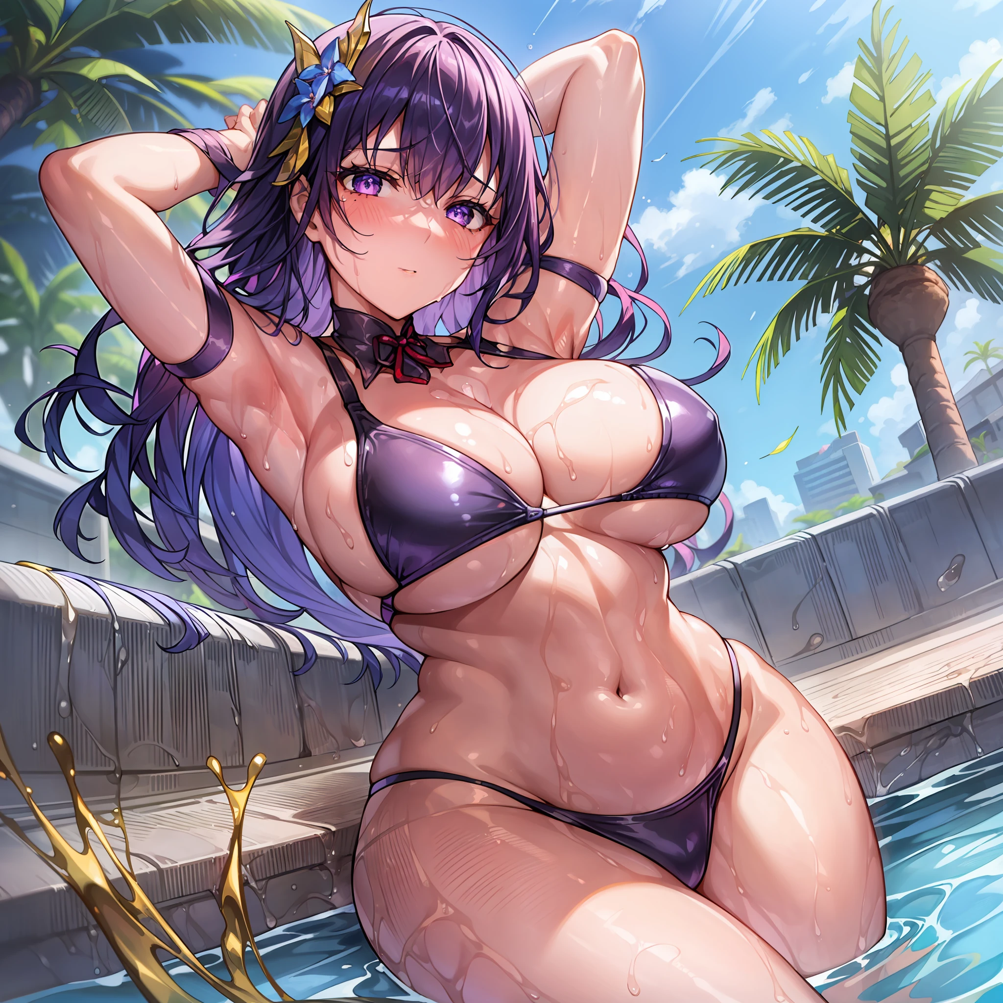 1girl,solo, beautiful, thicc thighs, huge breasts, wearing purple gradient bikini, in swimming pool,pure eyes, realistic pupils, highly details eye, perfect anatomy, good anatomy, good composition, armpits, sweating, Mom, milf, thicc thighs, lubricant skin groin area, oily skin, red armpits, sweat armpits