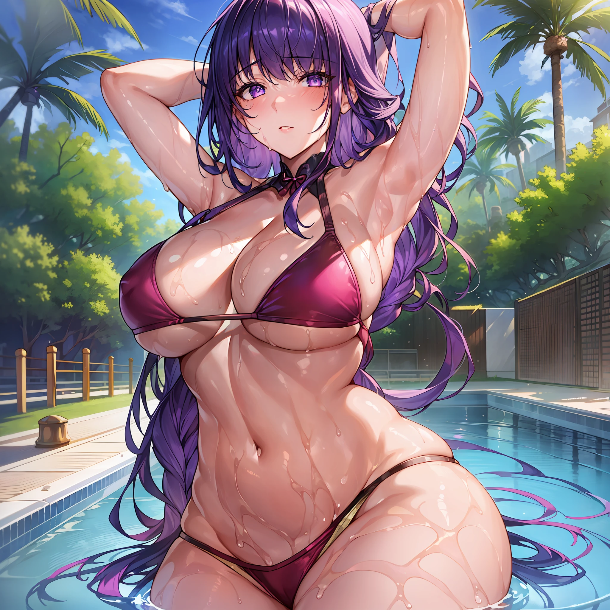 1girl,solo, beautiful, thicc thighs, huge breasts, wearing purple gradient bikini, in swimming pool,pure eyes, realistic pupils, highly details eye, perfect anatomy, good anatomy, good composition, armpits, sweating, Mom, milf, thicc thighs, lubricant skin groin area, oily skin, red armpits, sweat armpits