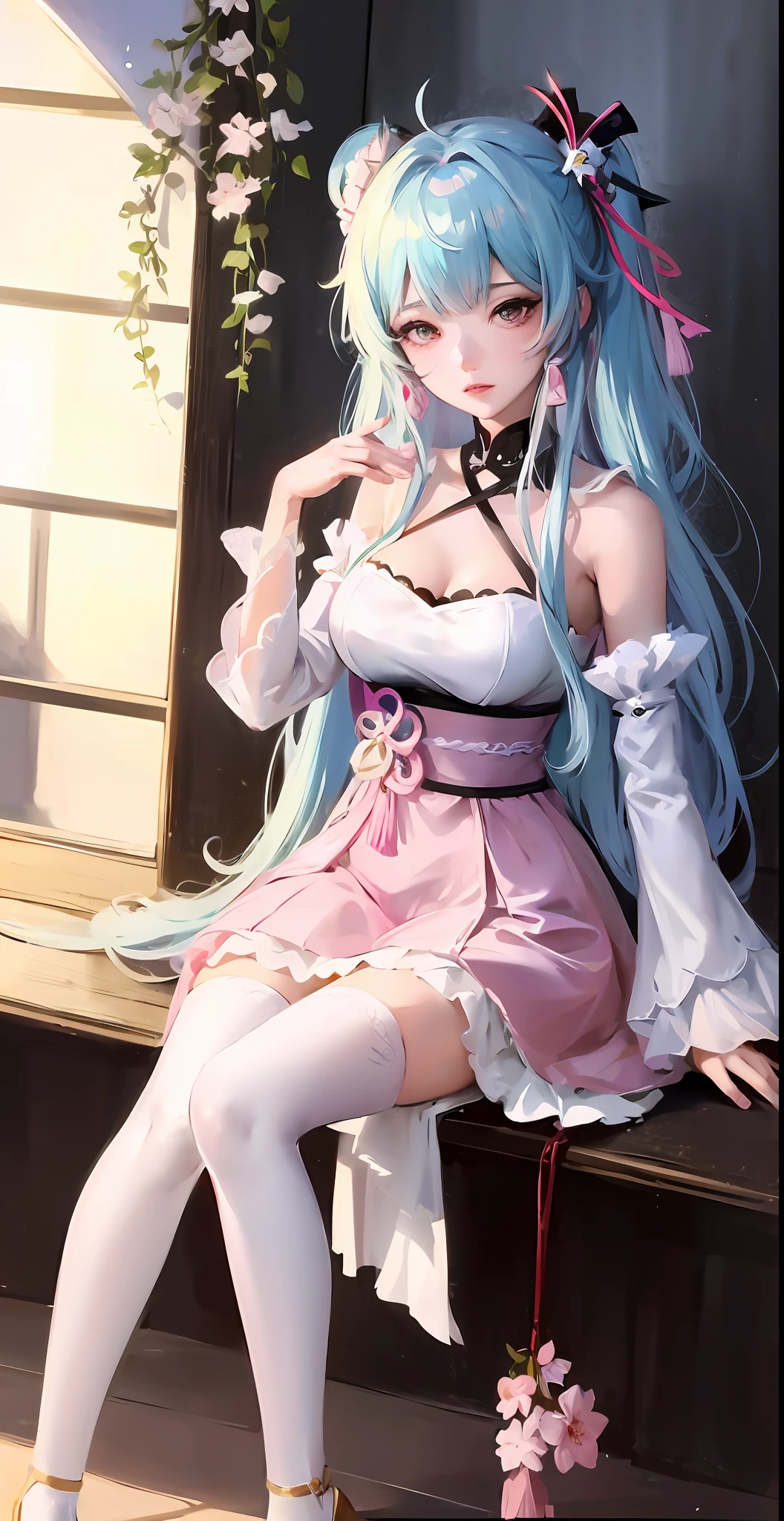 Close-up of a woman in a pink dress sitting on the windowsill, Kekiyo from Genshin Impact, Nakayo from Genshin Impact, cute anime Waio in a beautiful dress, Ayaka Genshin Impact, beautiful Delfin, anime Barbie in white stockings, high heels, gorgeous cosplay, from Azure Lane video game, anime girl cosplay, Azure Lane style