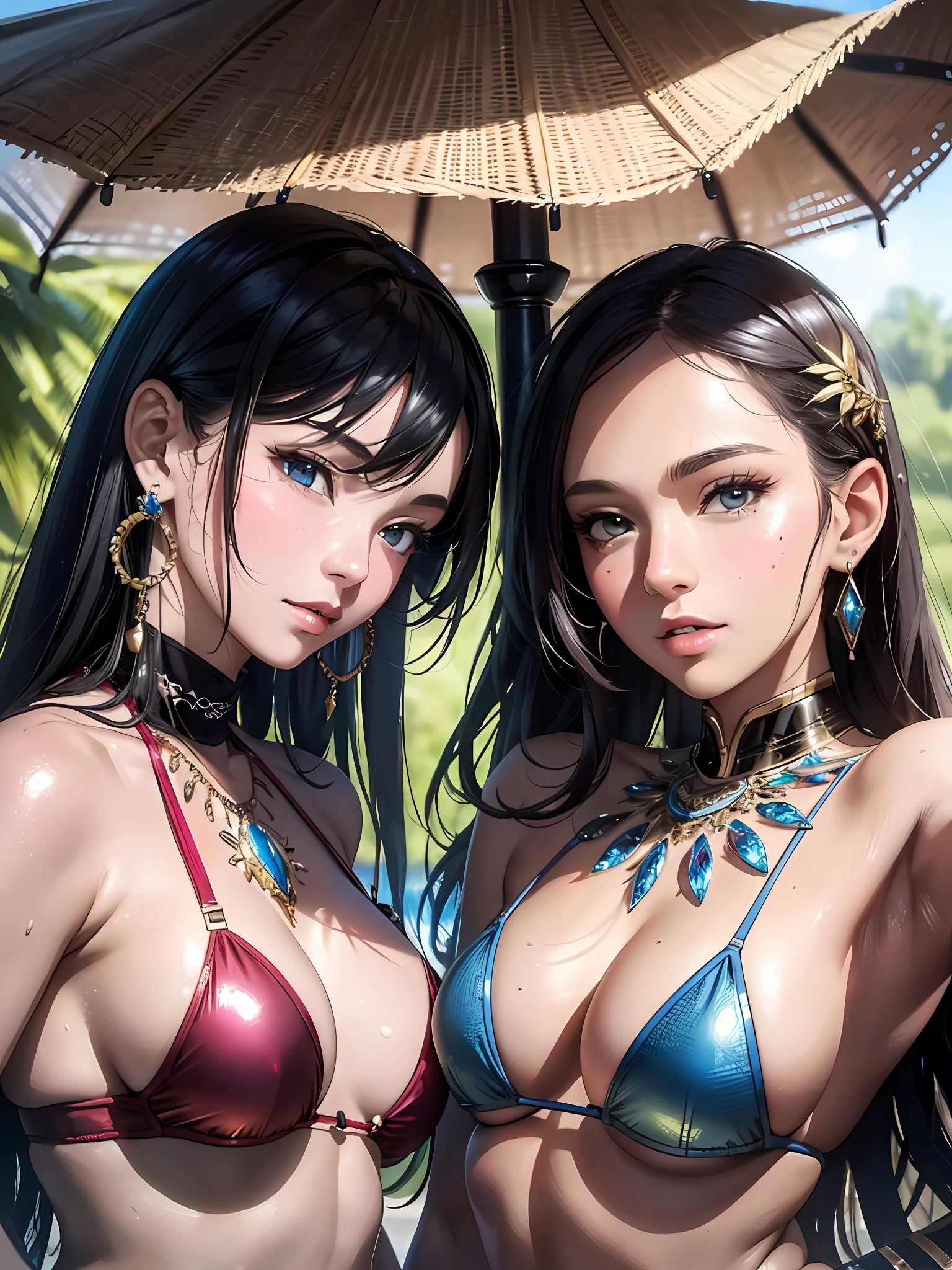 8k,masterpiece, bset quality,big, (2 girls), threesome, shiny skin, shiny big, ((best quality)), bikini, colorful, group photo, clear focus: 1.2, highly detailed face and skin texture, detailed eyes, white, perfect face, perfect body, art, cg, blur background,