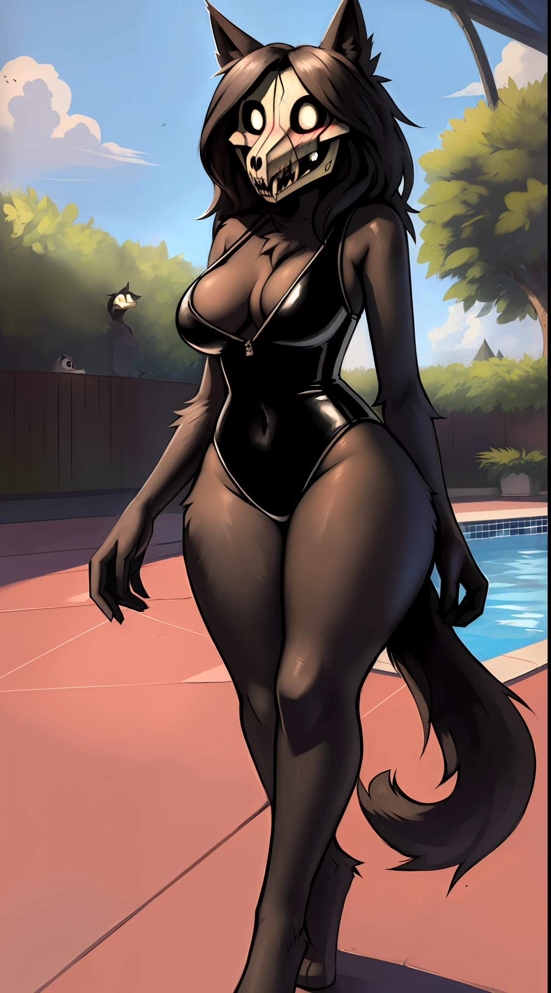 by Zackary911, kenket, kilinah, Zackary911, (((scp-1471, woman, breasts, antrum, extremely detailed, extremely detailed legs, extremely detailed arms, extremely detailed face, perfectly detailed eyes, perfectly detailed anatomy))): 1.2, solo, perspective, curved thighs, huge thighs, curvature, embarrassed angry face, (tail), totally blushed, nervous, looking at the viewer, swimsuit, swimming class, pool, day, black fur, happy, black body, standing