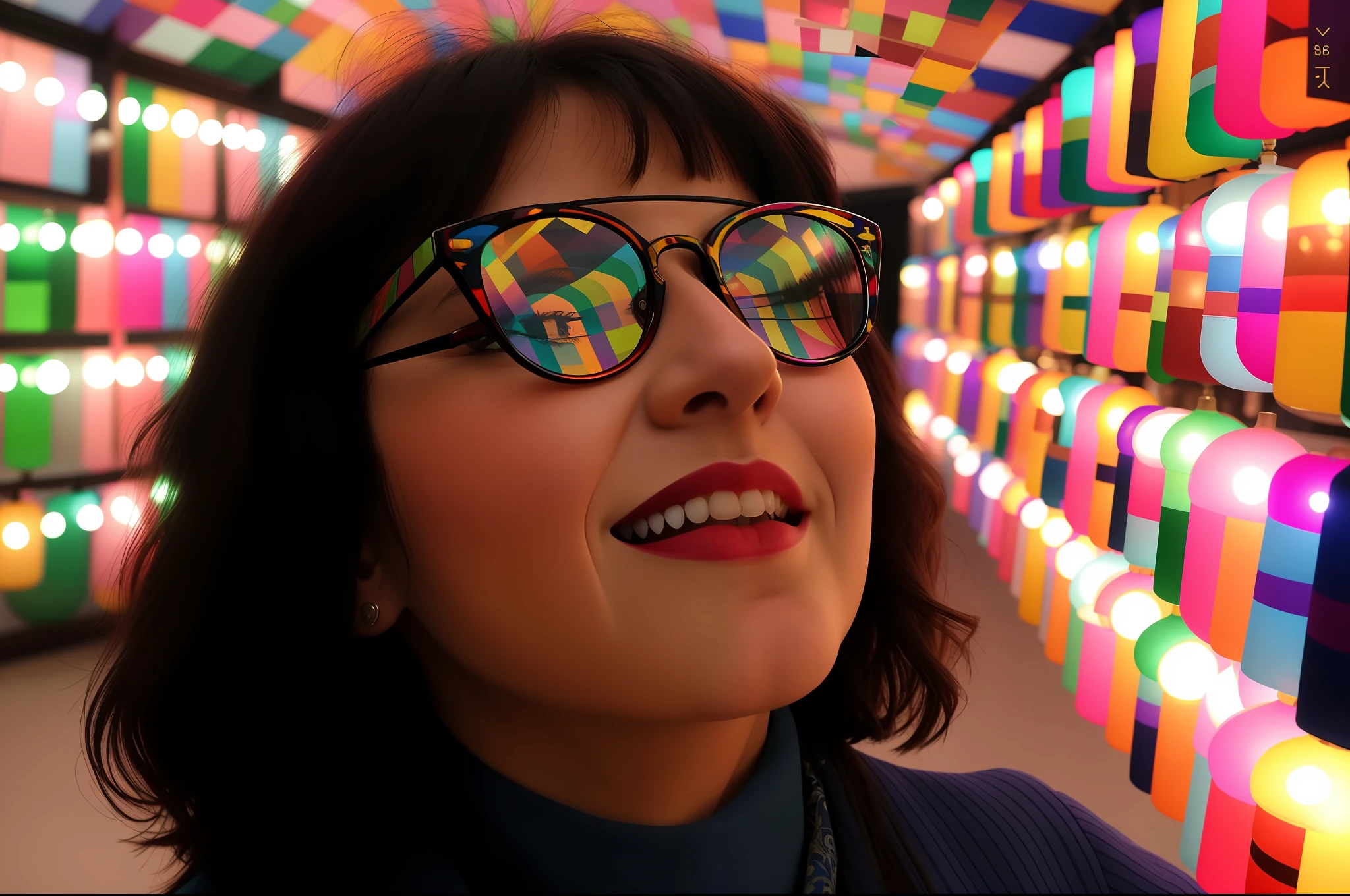 woman with glasses looking up at a colorful display of korean typical lanterns, portrait happy colors, woman with rose tinted glasses, wearing mirrored sunglasses, by Jan Rustem, inspired by Yaacov Agam, smiles and colors, colorful lenses, colorful reflective eyes, nancy grossman, colorful refractive adornments, profile shot, portrait of a lisa frank