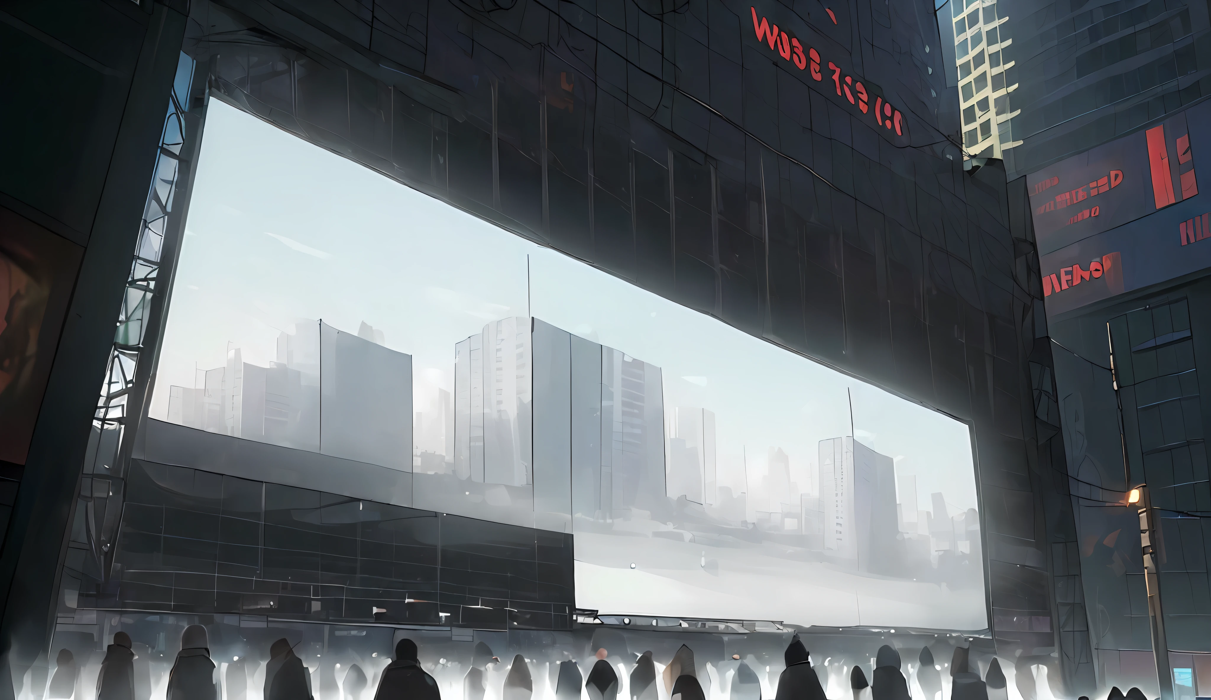 ((((( white screen instead of city))))) , (( crowd of people under the screen))