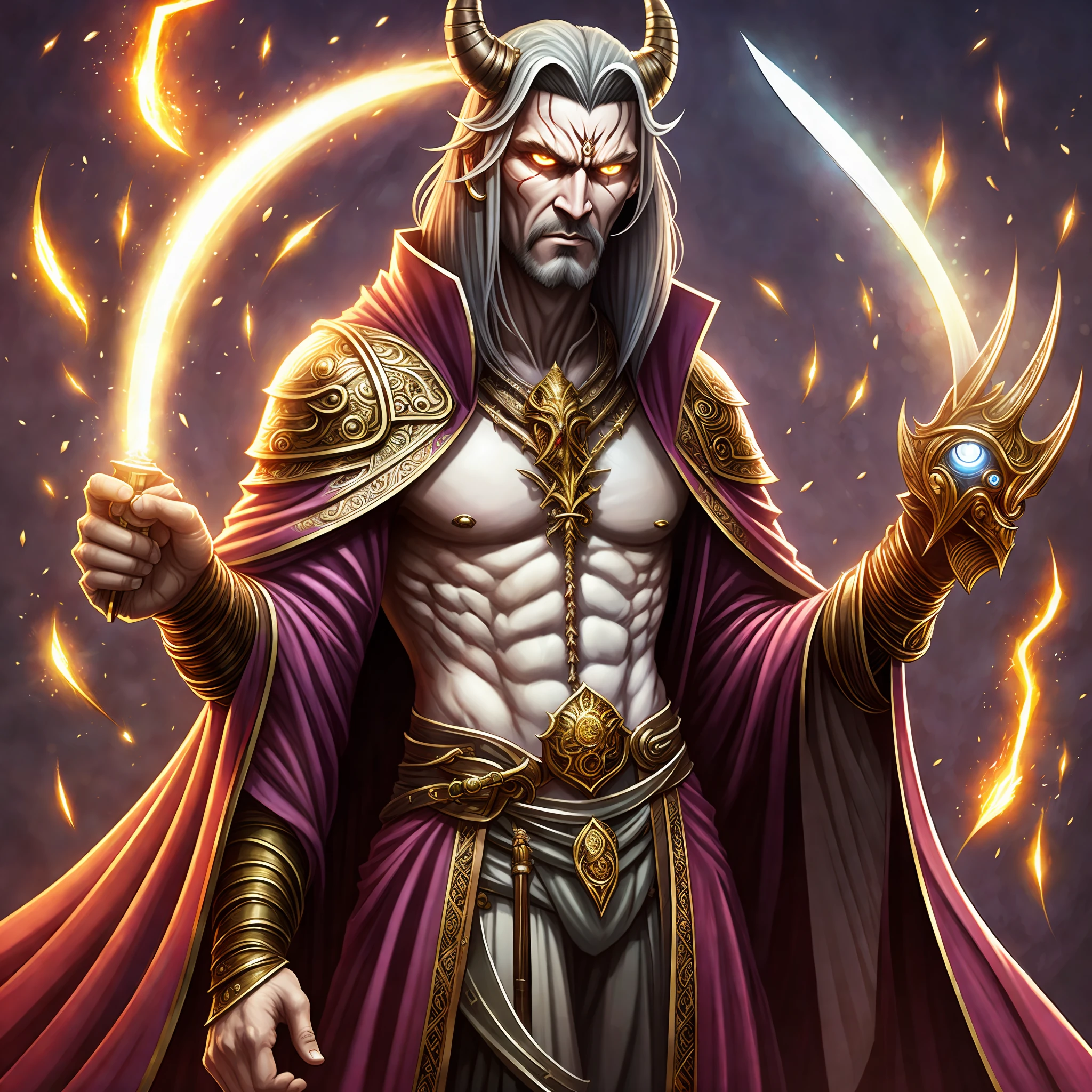 A 6-eyed humanoite being, he possesses a horn on his forehead and holds a golden long sword, has long, fastened hair. It's winding a wine-colored overcoat. --auto --s2
