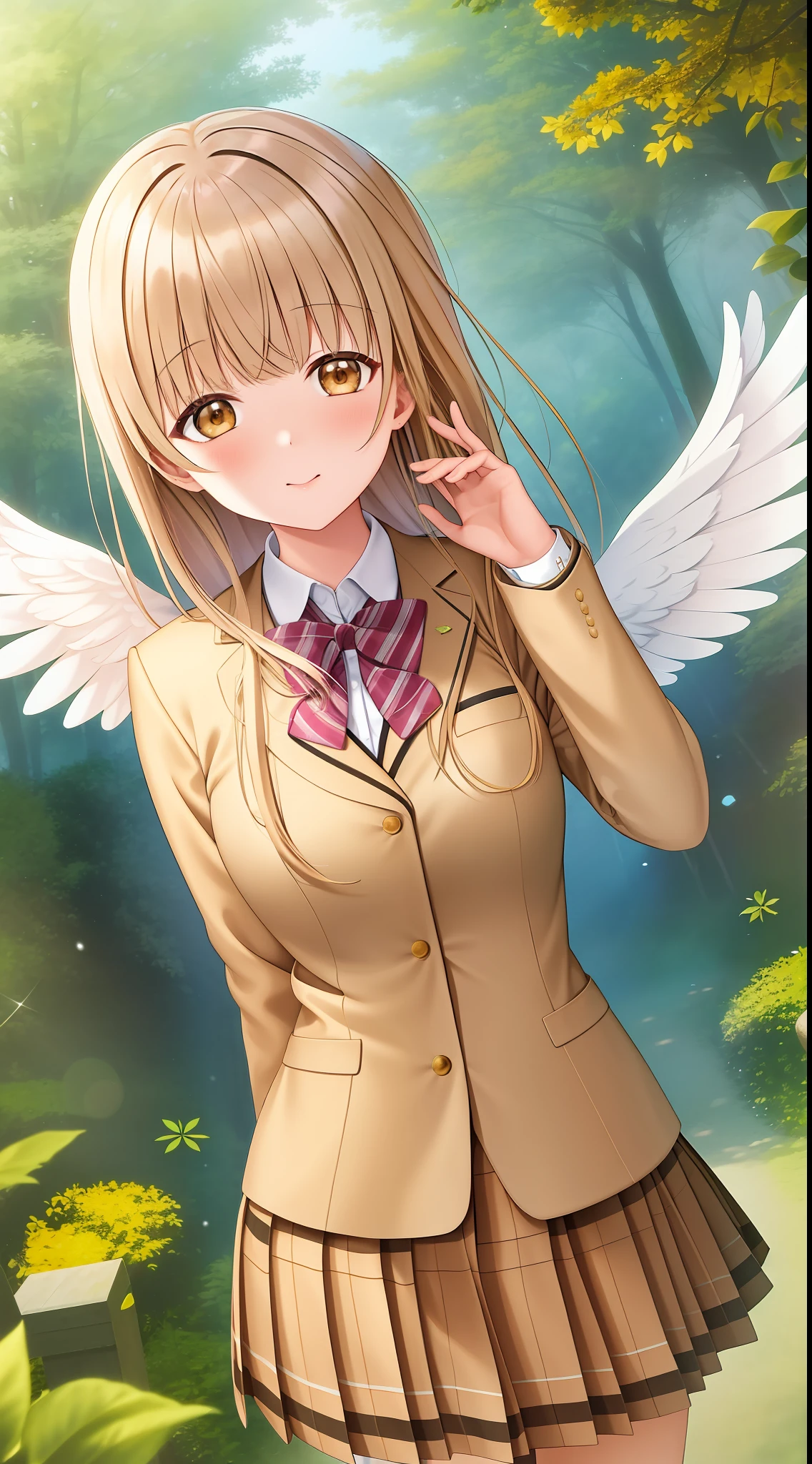 masterpiece, 1girl, Mahiru Shiina, school uniform, standing, looking at the viewer, with 2 angel wings glued behind her back, forest background