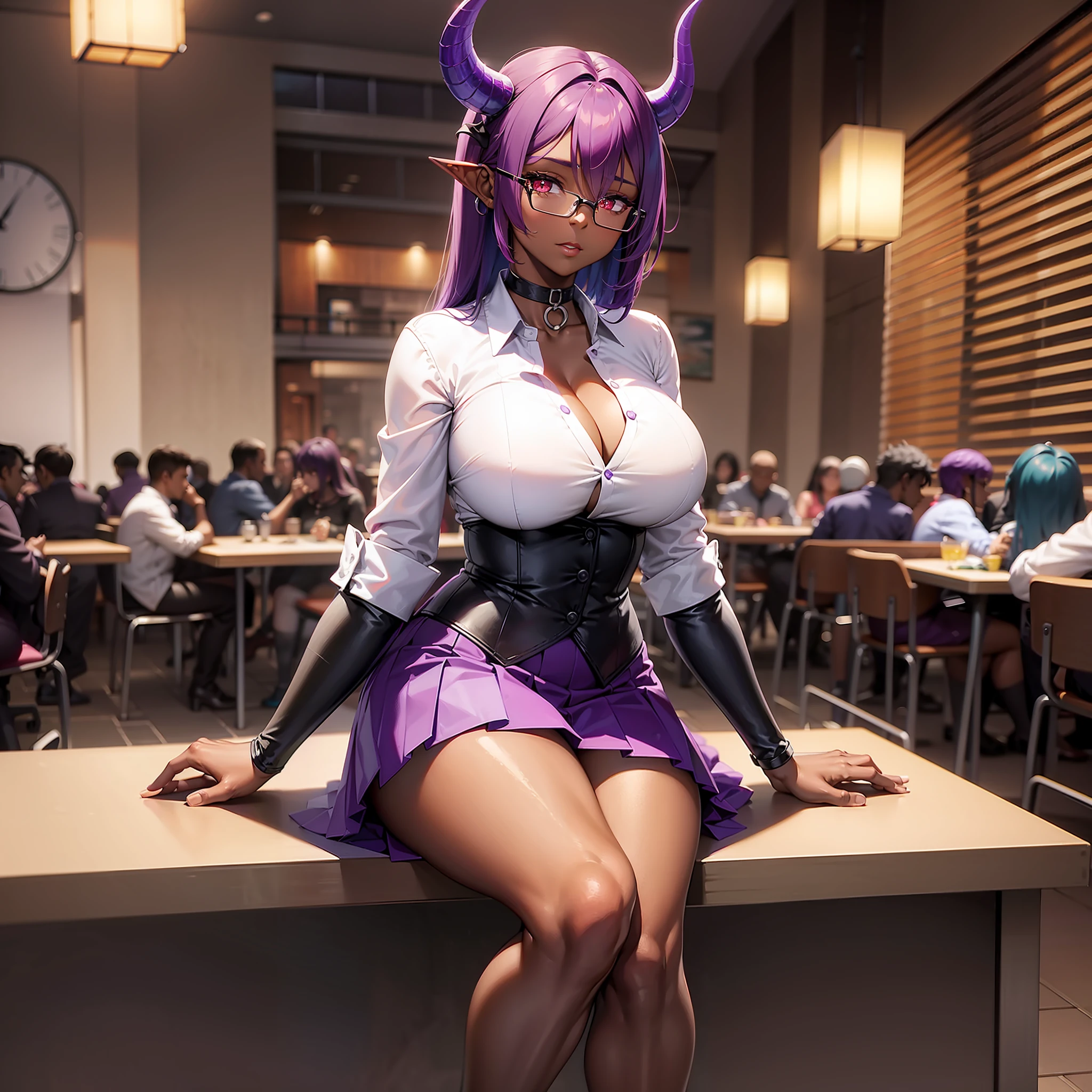 (dark skin), purple hair, (best quality, masterpiece), sitting, looking at the viewer, hands on the table, table in front, office background, 1woman, neckline, mini skirt, white shirt, large breasts, large thighs, dark skin, glasses, short, dark skin, solo,, standing, scales, dark red dragon horns, dark red dragon tail, subtle paterns of bright shades of purple along its limbs and tail, red eyes