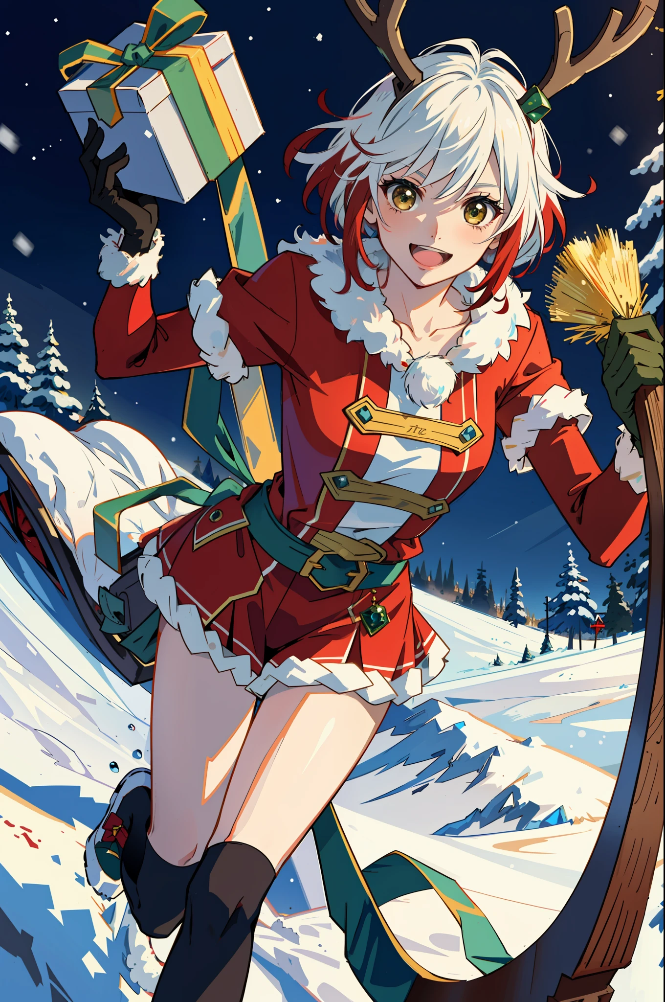 masterpiece, top quality, absurdity, perfect anatomy, one girl, solo, pascal tales,santa claus costume, short hair, riding a reindeer drawn sled, smiles,snowing,flying,santa claus,santa costume