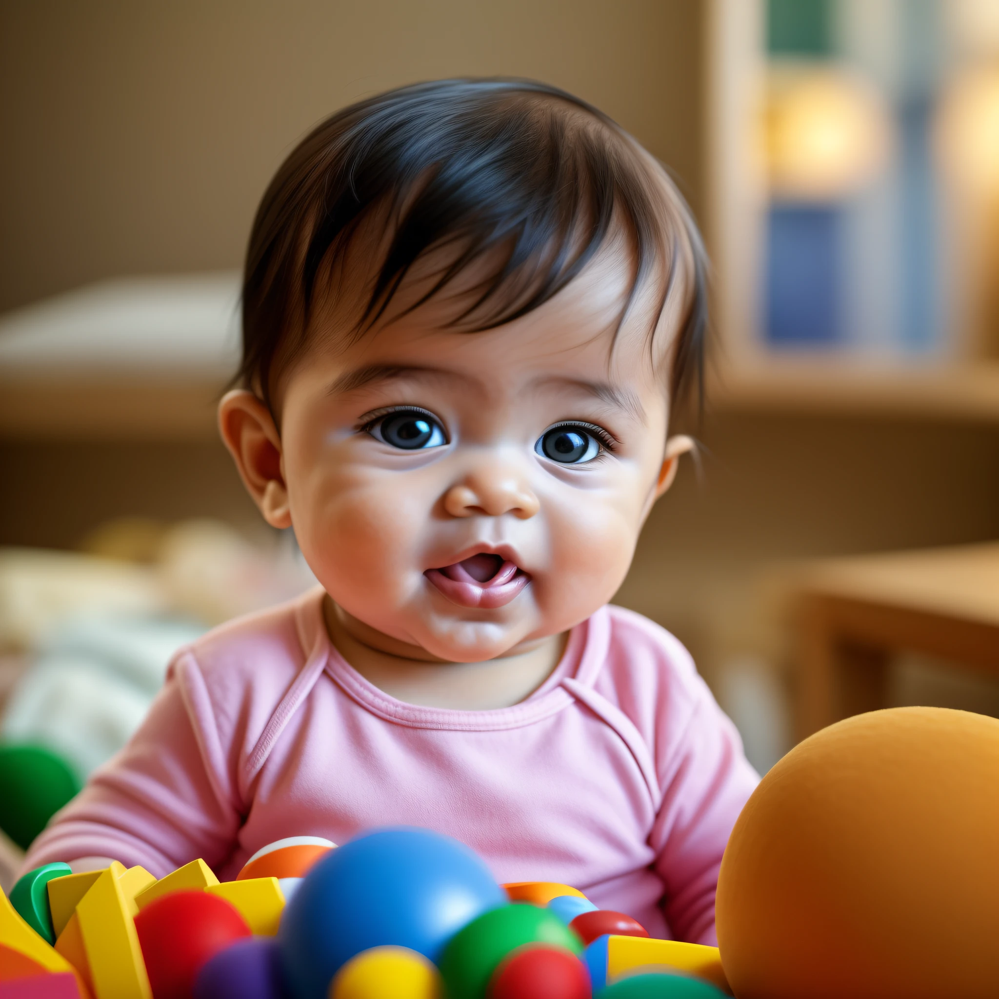 Frame a baby holding an educational toy in the foreground.
Place the baby in a warm and bright environment to convey the feeling of learning and development.
Use soft lighting to highlight the details of the face and toy. Sharp facial features, cinematography, 35mm lens, f/1.8, accent lighting, global lighting --auto --s2