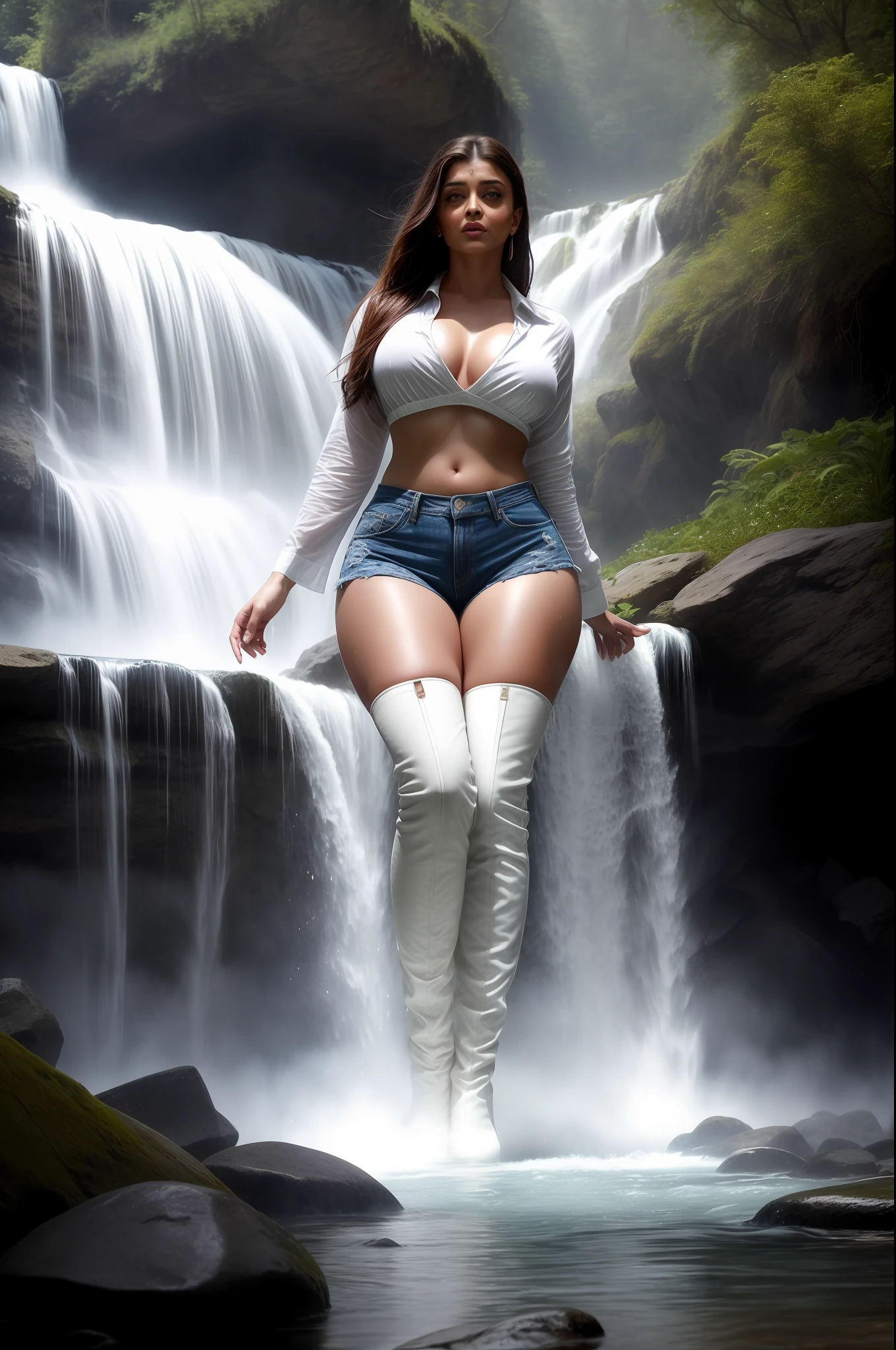 Aishwarya rai as cowgirl, denim shorts, white cotton shirt, thigh high boots, massive cleavage, unbuttoned shirt, high ponytail, wet clothes, posing under waterfall, day scene, thighs up, breasts visible show, 90% breasts popping out, hourglass figure, massive breasts, nipple slip, fit, seductive face, look at camera and laugh, erotic adult face, 40 yo, soft volumetric lights, intricate details, (ArtStation:1.2)