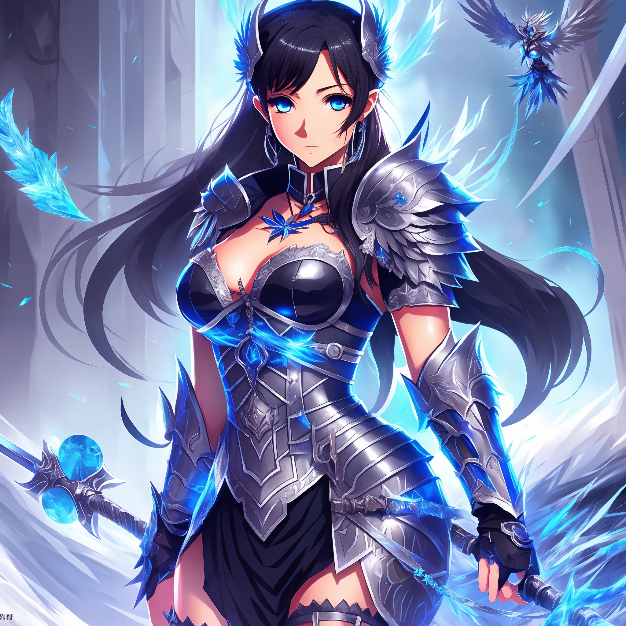 Closet up sexy and seductive Portuguese woman with medium black hair, large breasts set body wearing blue ice bird armor with black sword with anime style ice element) (anime art style, high quality image --auto --s2