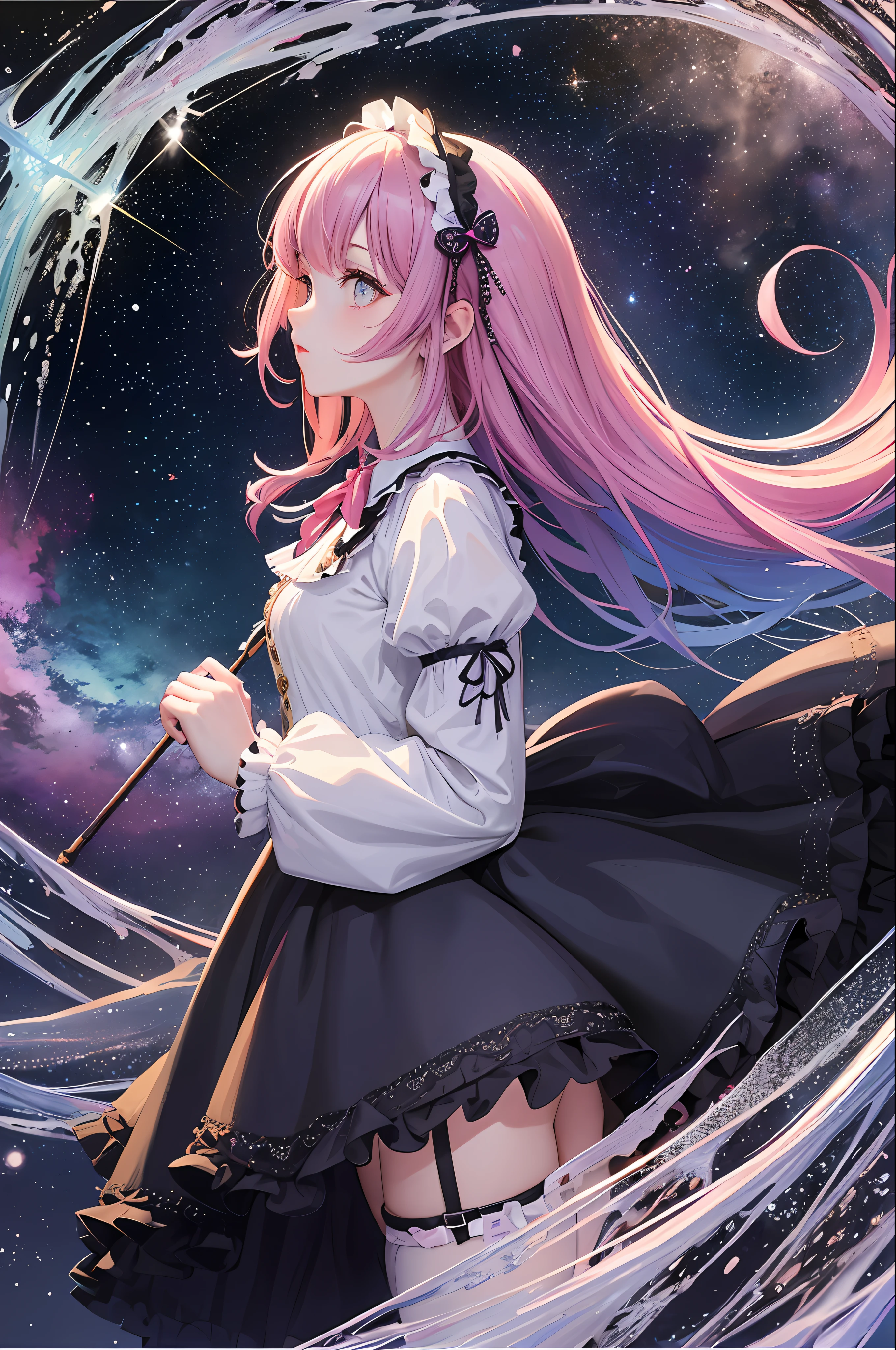(Masterpiece, Top Quality, Best Quality, Watercolor (Medium), Official Art, Beauty and Aesthetics: 1.2), (1girl: 1.3), (Fractal Art: 1.3), Upper Body, Looking from the Side, Looking at the Viewer, Pattern, (Rainbow Hair, Colored Hair, Pink Gradient Hair: 1.2), Water, Liquid, Clouds, Colorful, Starry, Stars, Full Body, Stockings, ta Shoes (Cross Laces), Bow Clips;