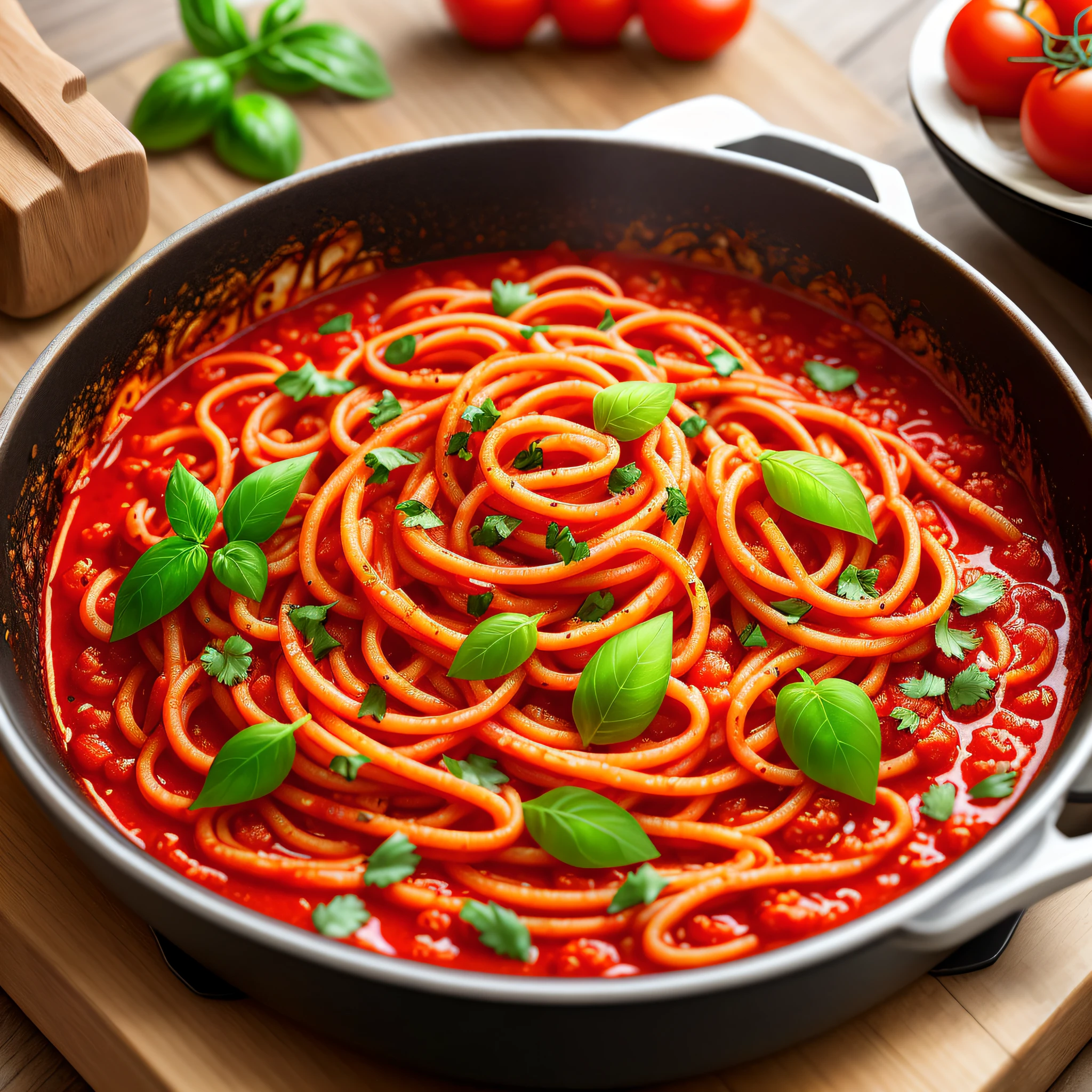 Best quality, top-tier ingredients, crave-worthy, vibrant tomato sauce, perfectly cooked spaghetti, al dente, aromatic herbs, rustic Italian vibes.
