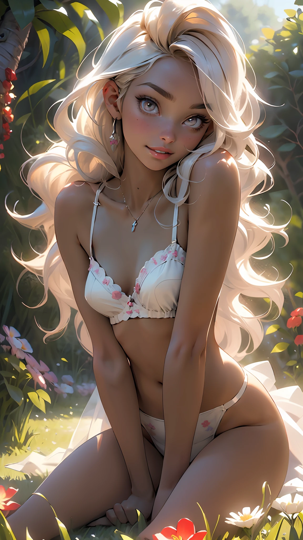 melancholy lighting, quiet, calm, brightness, masterpiece, best quality, 1girl, (JinxLol:1.2), (ultra photorealistic:1.3), (masterpiece:1.4), best quality, ((realistic)), high quality, ultra detailed, ((Real image)), ((realistic skin)), ((realistic face)),(illustration:1.05), (beautiful:1.05), (beautiful detailed eyes:1.05), (cinematic light:1.1), Full body, precise proportions, 18-year-old girl, skinny model lying on the grass, surrounding garden, tree shadow, hair CHERRY RED fluttering in the wind, tulle, long legs, feet slightly open, buttocks, blush, shyness, collarbone, abdominals, double weave, beautiful and delicate face, fair skin, real skin, (face detail), pores, super high resolution, 8k, parameters Best quality, masterpiece, super high resolution, (Realistic 2.0), More details, detailed skin, TRANSPARENT RED PANTIES, wide smile, white teeth, curly hair CHERRY RED voluminous, perfect and well designed eyes, girlfriend, beautiful, beautiful, flowers, studio lighting