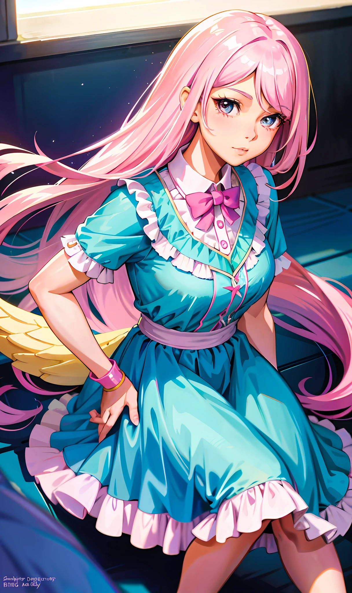 Equestria Girls Fluttershy, mature, older girl, pink hair and a blue dress, cute aesthetic, equestria Girls styled, realistic, Equestria Girl