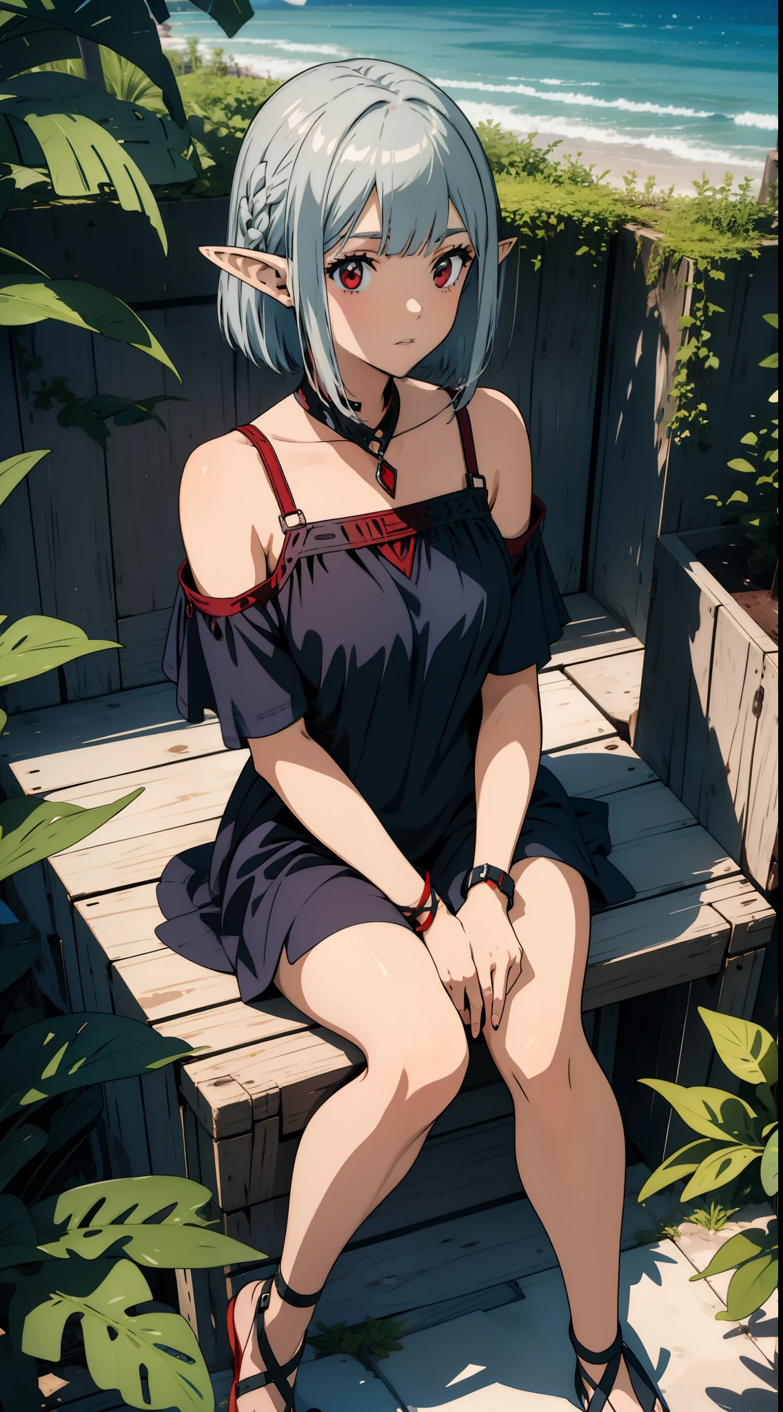 1 girl closeup, swimsuit, elf, silver hair, red eyes, bob cut, seaside, sitting, concept art, official art