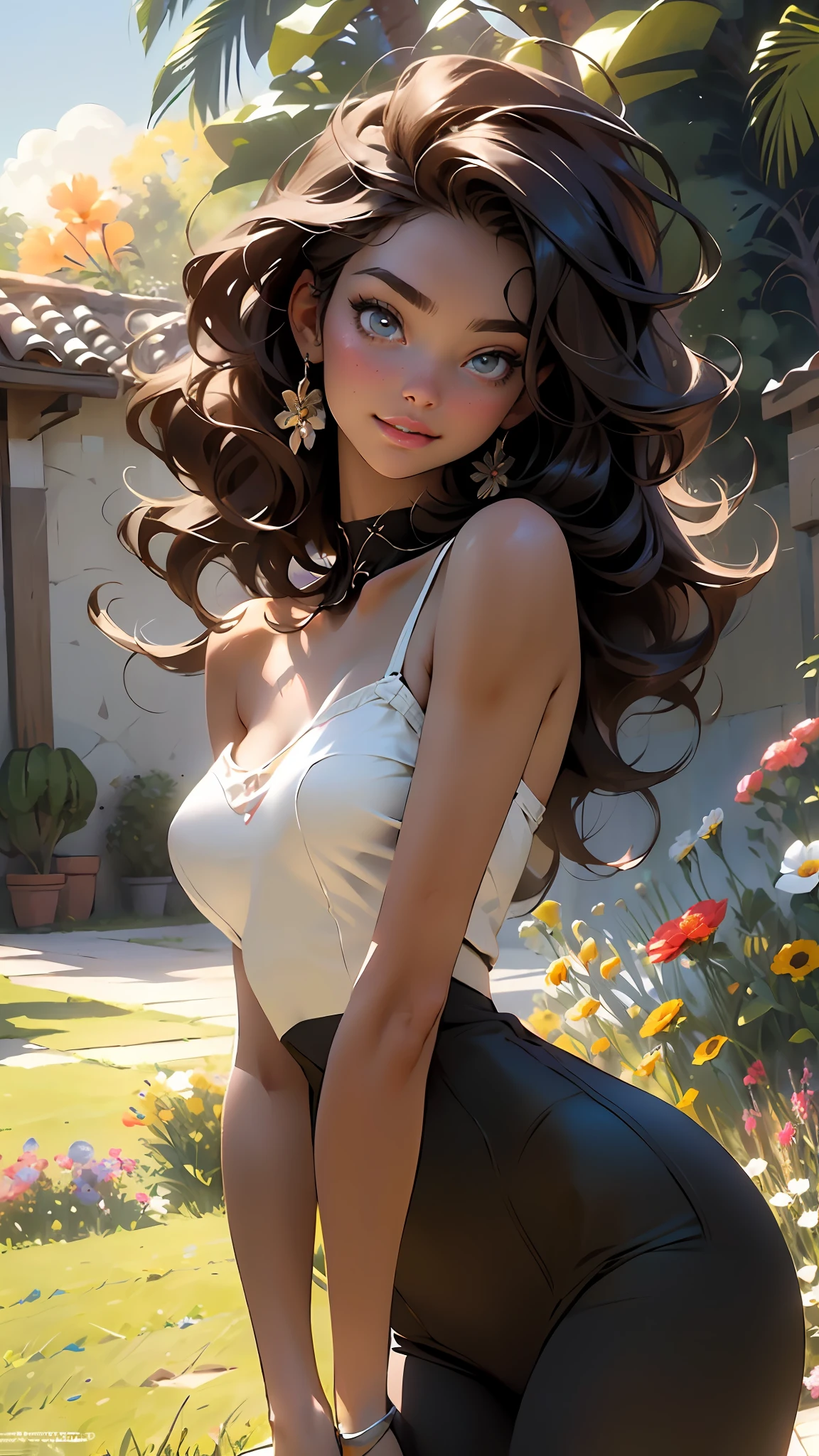 melancholy lighting, quiet, calm, brightness, masterpiece, best quality, 1girl, (JinxLol:1.2), (ultra photorealistic:1.3), (masterpiece:1.4), best quality, ((realistic)), high quality, ultra detailed, ((Real image)), ((realistic skin)), ((realistic face)),(illustration:1.05), (beautiful:1.05), (beautiful detailed eyes:1.05), (cinematic light:1.1), Full body, precise proportions, 18-year-old girl, skinny model lying on the grass, surrounding garden, tree shadow, DARK hair fluttering in the wind, tulle, long legs, slightly open feet, buttocks, blush, shyness, collarbone, abdominals, double weave, beautiful and delicate face, fair skin, real skin, (face detail), pores, super high resolution, 8k, parameters Best quality, masterpiece, super high resolution, (Realistic 2.0), More details, detailed skin, no panties, wide smile, white teeth, voluminous DARK curly hair, perfect and well designed eyes, girlfriend, beautiful, beautiful, flowers, studio lighting