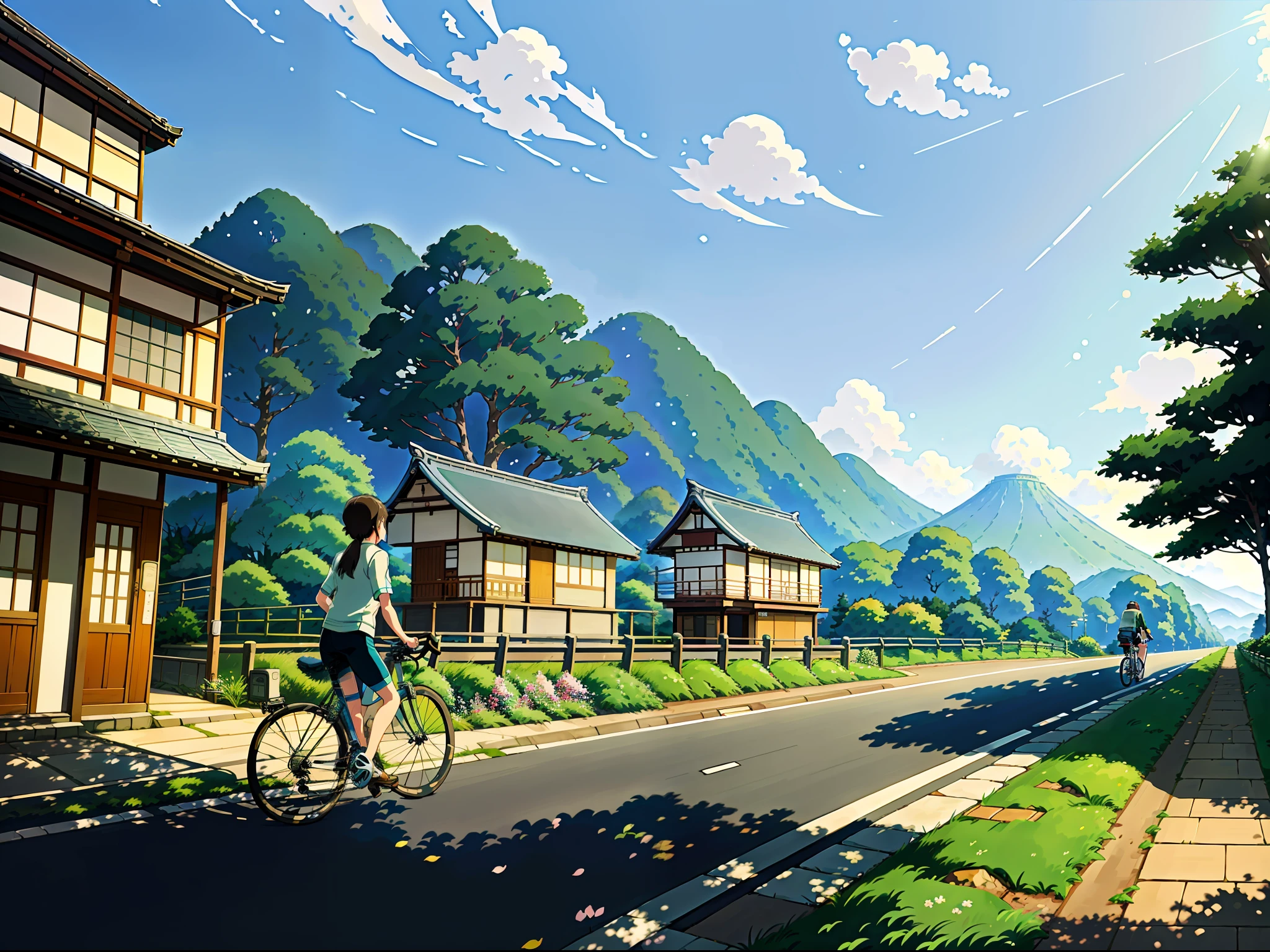 (bike: 1.5), (realistic bike: 1.5), (realistic cyclist: 1.5), front-up cyclist, close-up, japanese landscape, country road, japanese architecture sun, landscape background, shadows, contrast, makoto shinkai (Best quality:1.3), (Highres:1) Art by Studio Ghibli Style, Impressionism, Solitude