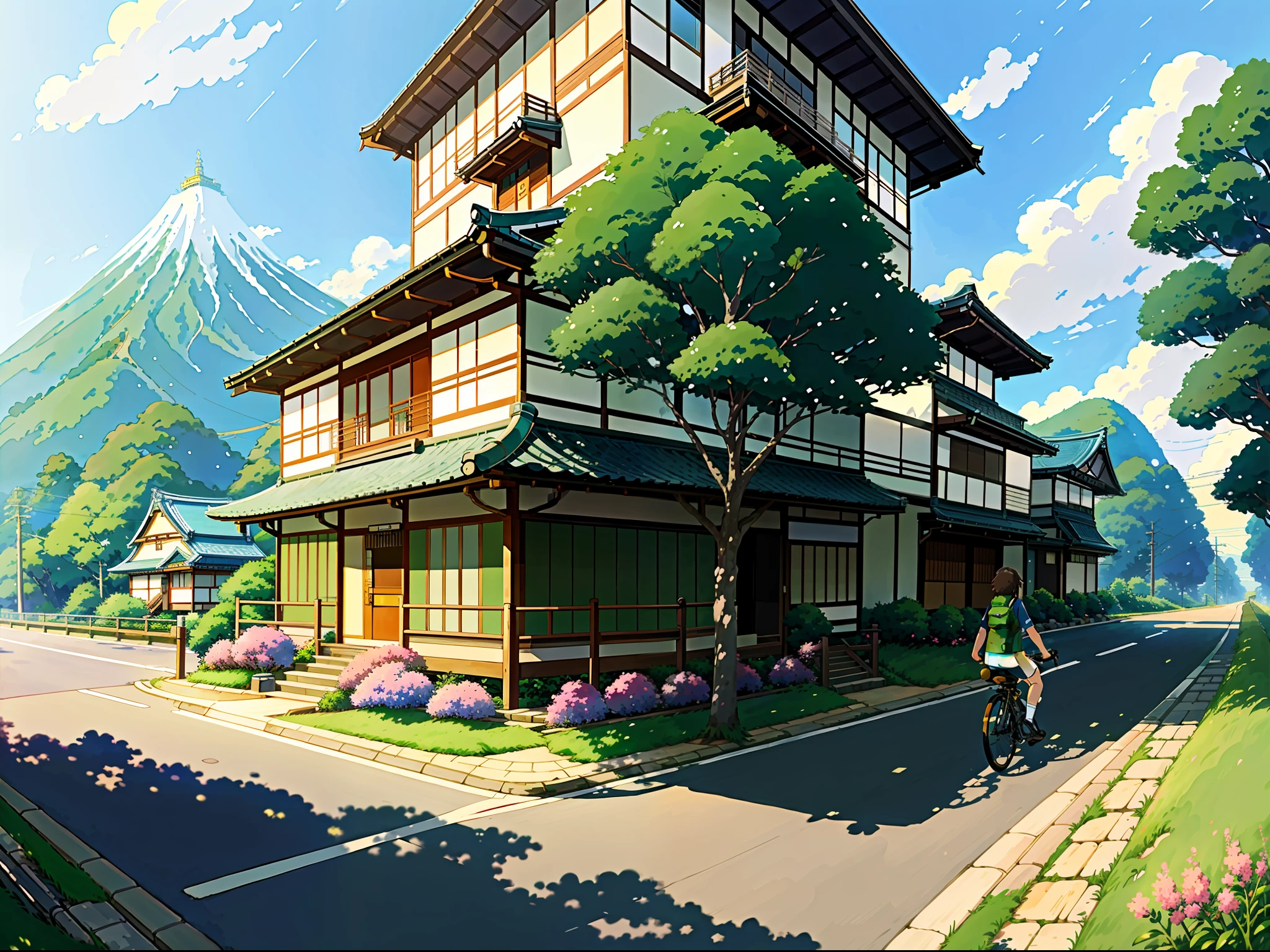 (bike: 1.5), (realistic bike: 1.5), (realistic cyclist: 1.5), front-up cyclist, close-up, japanese landscape, country road, japanese architecture sun, landscape background, shadows, contrast, makoto shinkai (Best quality:1.3), (Highres:1) Art by Studio Ghibli Style, Impressionism, Solitude