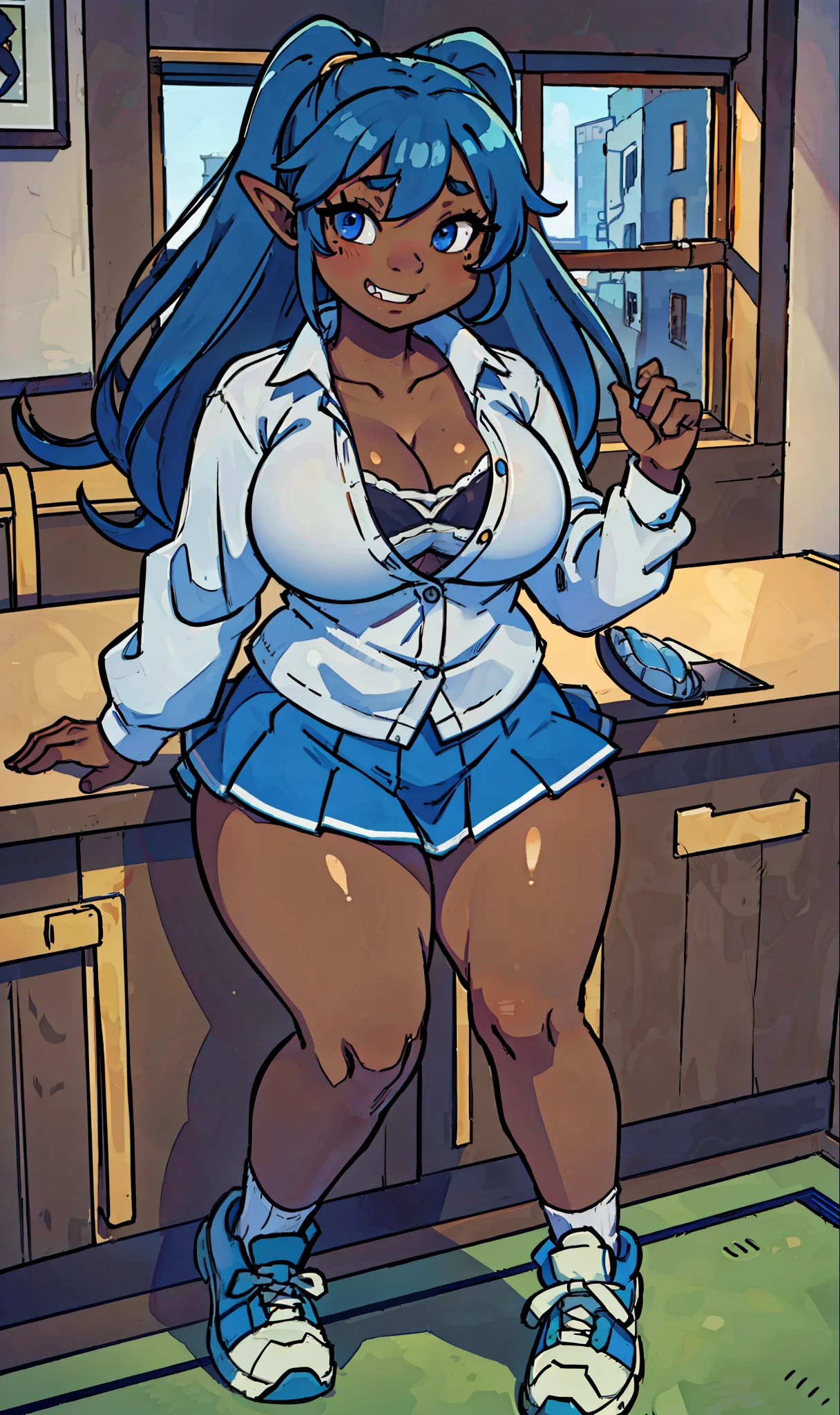 goblin girl, blue hair, very long hair, dark_ skin, dark skin goblin, wide body, very dark skin girl natural huge breasts, hair between eyes, twintails, chubby, chubby girl, chubby girl goblin, wide hips, blue eyes, mole, mole on chest, age up, lips, big lips, thick eyebrows, body with fur, tusk, short girl, short goblin girl twintails, short girl, highly detailed, high quality, best quality, 8k, full body, fat, fat girl, smile, schoolgirl, sexy schoolgirl, mini skirt, sneakers, japanese clothes, neckline, bedroom, sexy girl, top shirt, unbuttoned, white bra