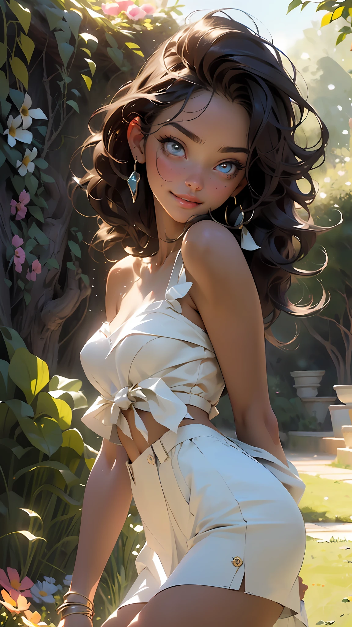melancholy lighting, quiet, calm, brightness, masterpiece, best quality, 1girl, (JinxLol:1.2), (ultra photorealistic:1.3), (masterpiece:1.4), best quality, ((realistic)), high quality, ultra detailed, ((Real image)), ((realistic skin)), ((realistic face)),(illustration:1.05), (beautiful:1.05), (beautiful detailed eyes:1.05), (cinematic light:1.1), Full body, precise proportions, 18-year-old girl, skinny model lying on the grass, surrounding garden, tree shadow, DARK hair fluttering in the wind, tulle, long legs, slightly open feet, buttocks, blush, shyness, collarbone, abdominals, double weave, beautiful and delicate face, fair skin, real skin, (face detail), pores, super high resolution, 8k, parameters Best quality, masterpiece, super high resolution, (Realistic 2.0), More details, detailed skin, no panties, wide smile, white teeth, voluminous DARK curly hair, perfect and well designed eyes, girlfriend, beautiful, beautiful, flowers, studio lighting