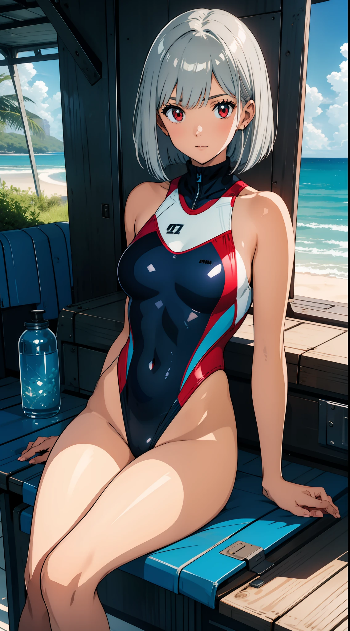 1 girl closeup, swimsuit, competitive swimsuit, silver hair, red eyes, bob cut, seaside, sitting, concept art, official art