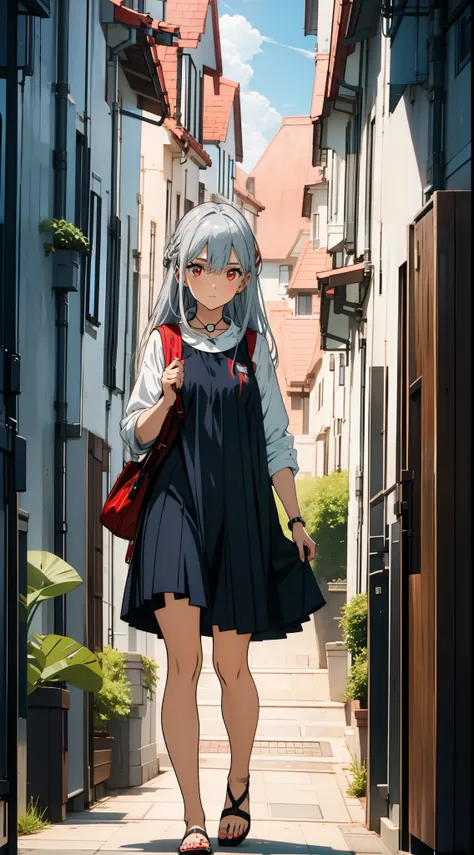 close up portrait of one girl, swimsuit, silver hair, red eyes, white city, walking, concept art, official art