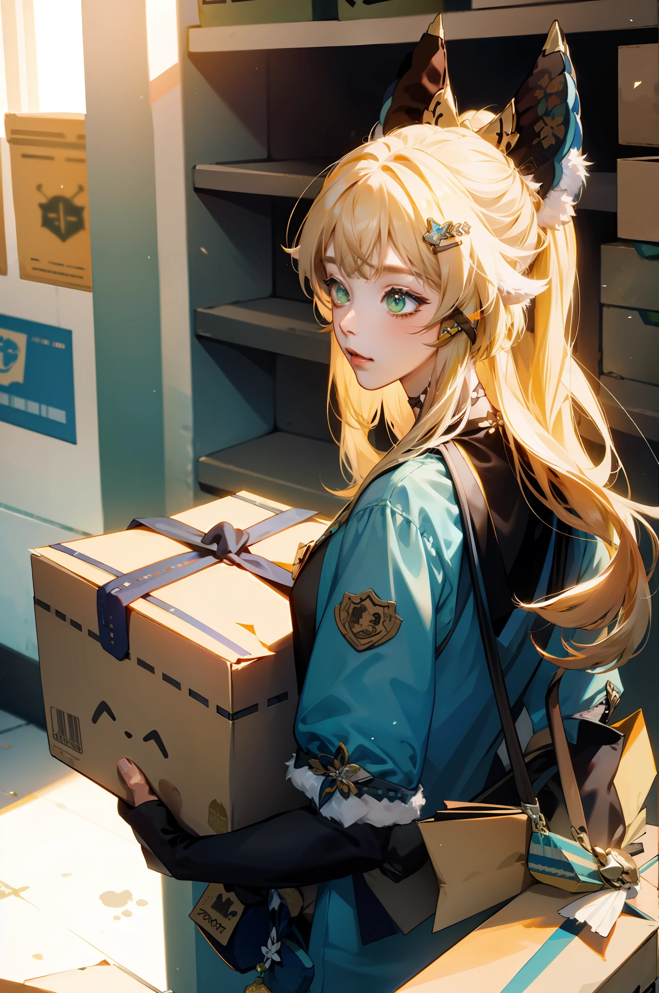 ((masterpiece)), 1 girl solo, cat ears. 2 tails, holding packages, lots of boxes, post office