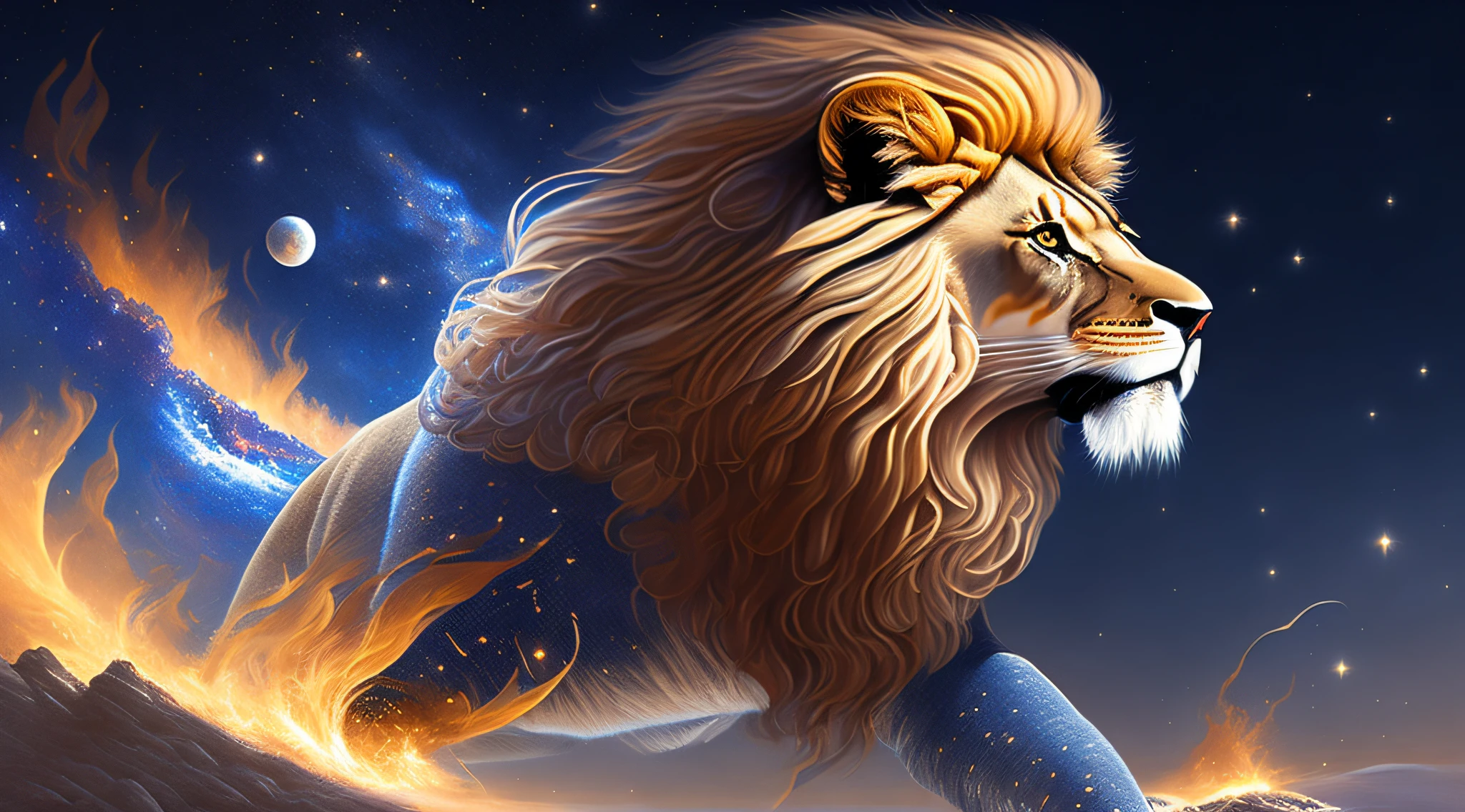 masterpiece, best quality, lion, ((lion's head)), lion's mane catching fire, lion's body, four legs, space folding, docile, armor, lion with armor, flames, with universe and wormhole background (extremely detailed CG Unity 8k wallpaper), professional majestic oil painting by Ed Blinky, Athea Gailan, Studio Ghibli, Jeremy Mann, Greg Mancheza,  Antonio Moro, popular in ArtStation, popular in CGSociety, Intricate, High Detail, sharp focus, dramatic and photorealistic painting by Midjourney and Greg Rutkowski