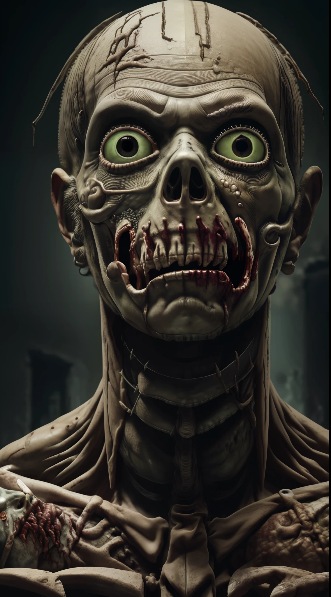 (8k wallpaper with extremely detailed CG unit, masterpiece, best quality, ultra-detailed), (best lighting, best shadow), (a perfect and symmetrical face of (((a zombie man, decaying skin))), with eyes that reflect the beauty of the world), attractive, floating, high resolution, dynamic angle, dynamic pose, graveyard background, eerie and creepy night.