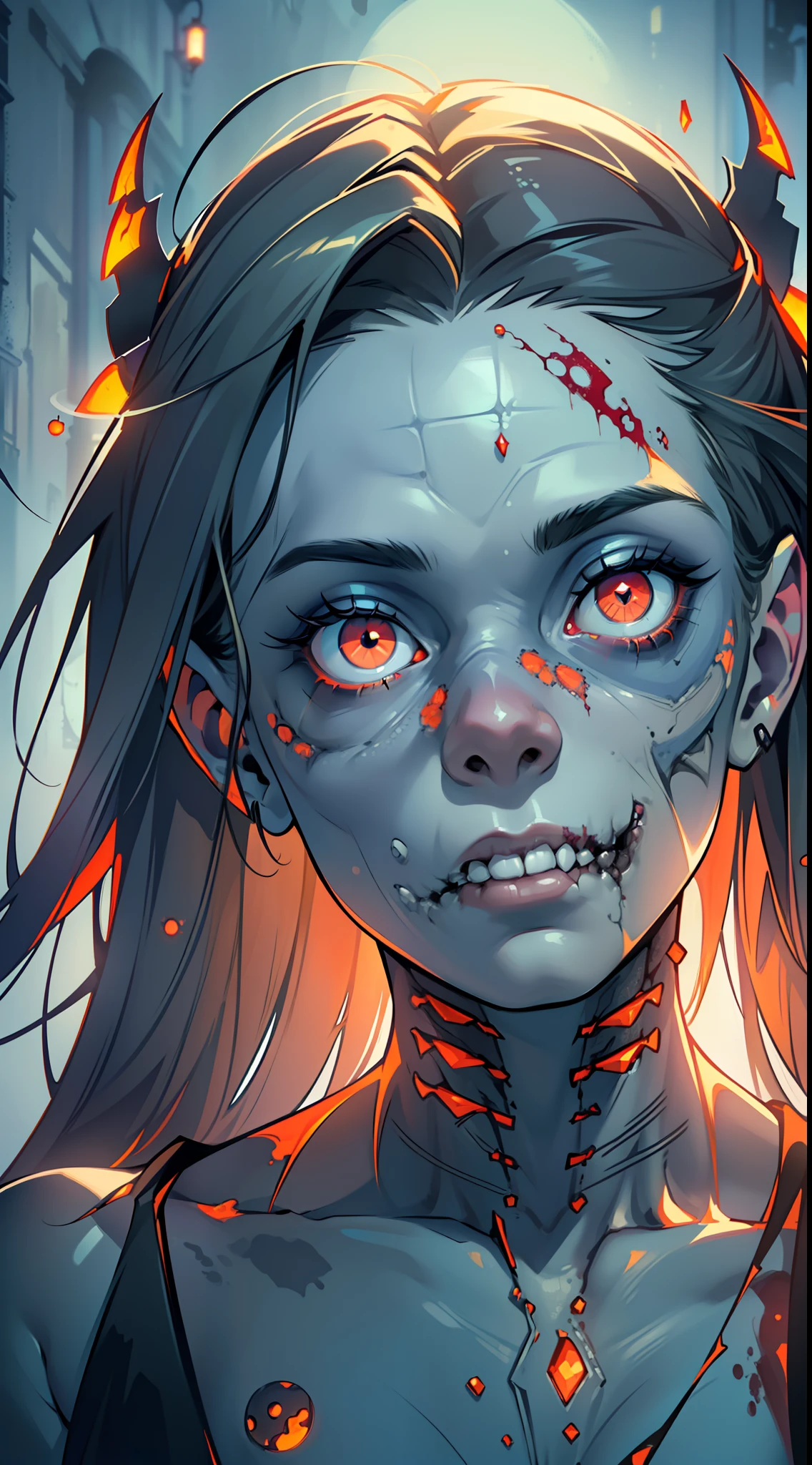 (8k wallpaper with extremely detailed CG unit, masterpiece, best quality, ultra-detailed), (best lighting, best shadow), (a perfect and symmetrical face of (((a zombie woman, decaying skin))), with eyes that reflect the beauty of the world), attractive, floating, high resolution, dynamic angle, dynamic pose, graveyard background, eerie and creepy night.