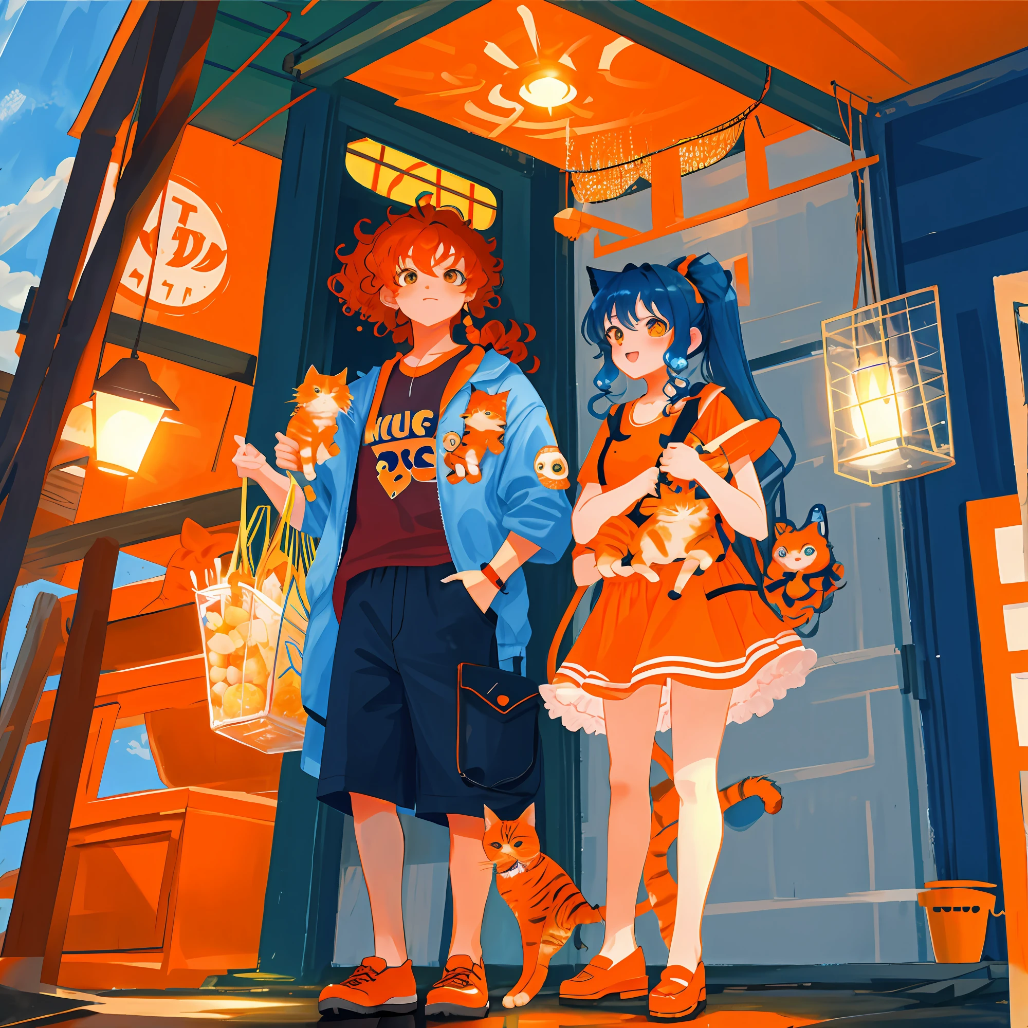 Curly-haired boy and orange double ponytail girl holding orange cat and blue cat and tanuki cat