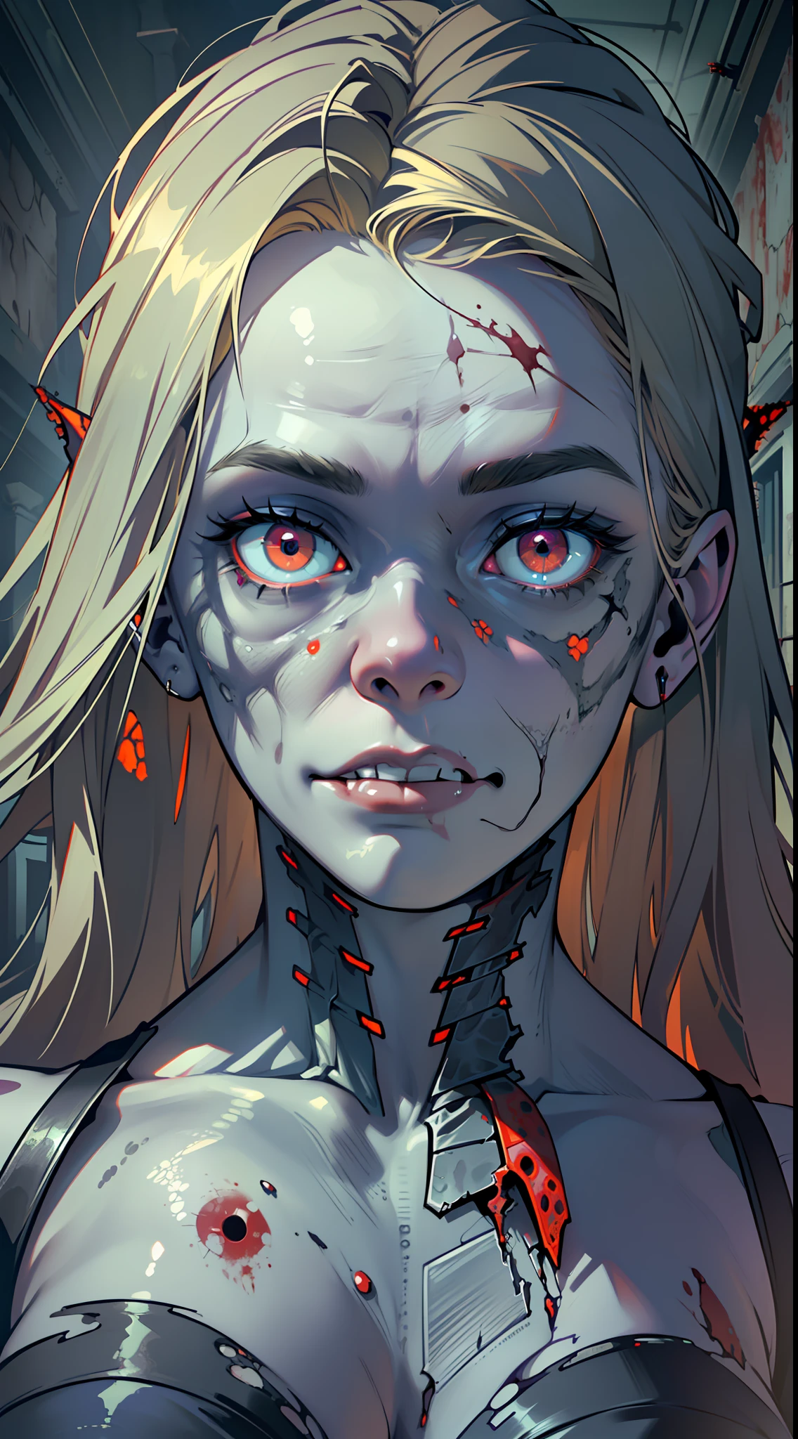 (8k wallpaper with extremely detailed CG unit, masterpiece, best quality, ultra-detailed), (best lighting, best shadow), (a perfect and symmetrical face of (((a zombie woman, decaying skin))), with eyes that reflect the beauty of the world), attractive, floating, high resolution, dynamic angle, dynamic pose, graveyard background, eerie and creepy night.